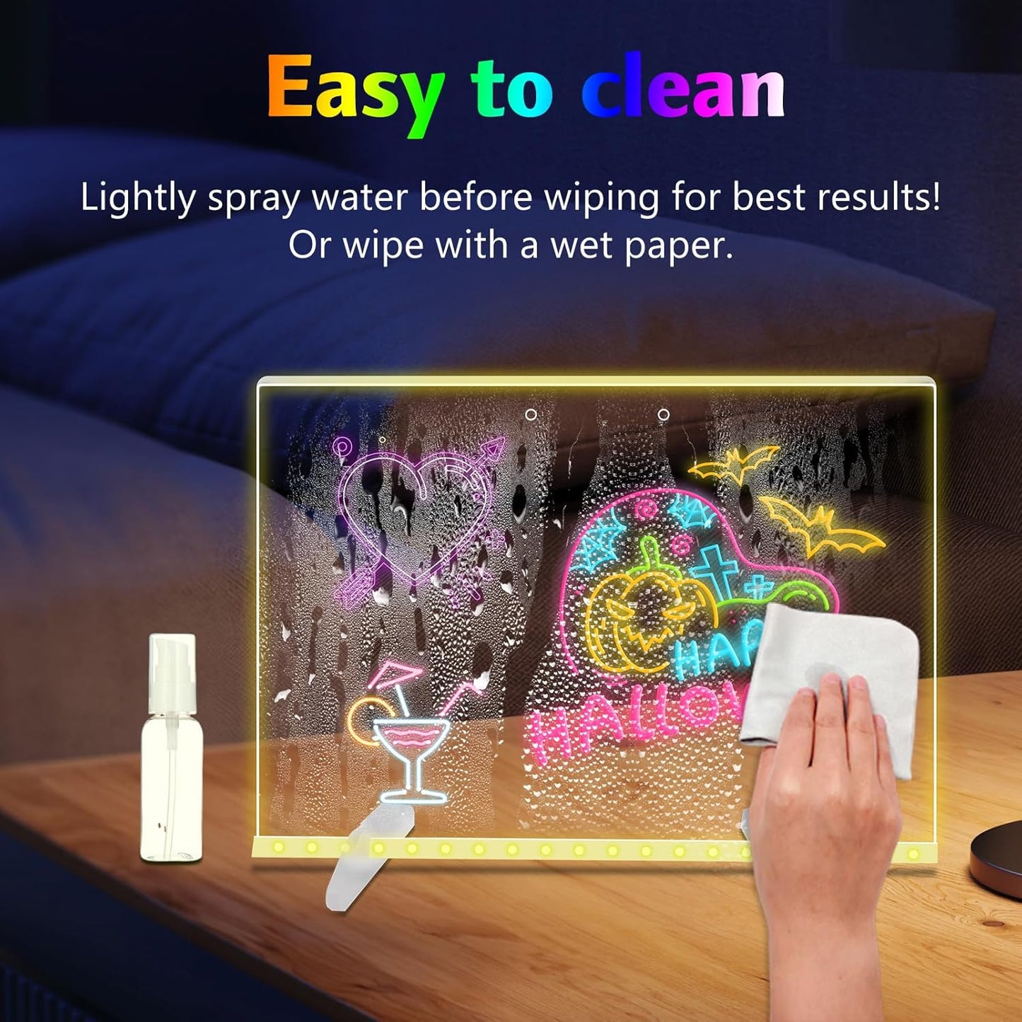 LED Note Board with Colors, 13.8"X10" 4 Modes & 7 Colors Led Acrylic Message Board with Light, Light up Acrylic Dry Erase Board, Led Drawing Board with Stand, Hanging Chain, 7 Markers, Spray Bottle