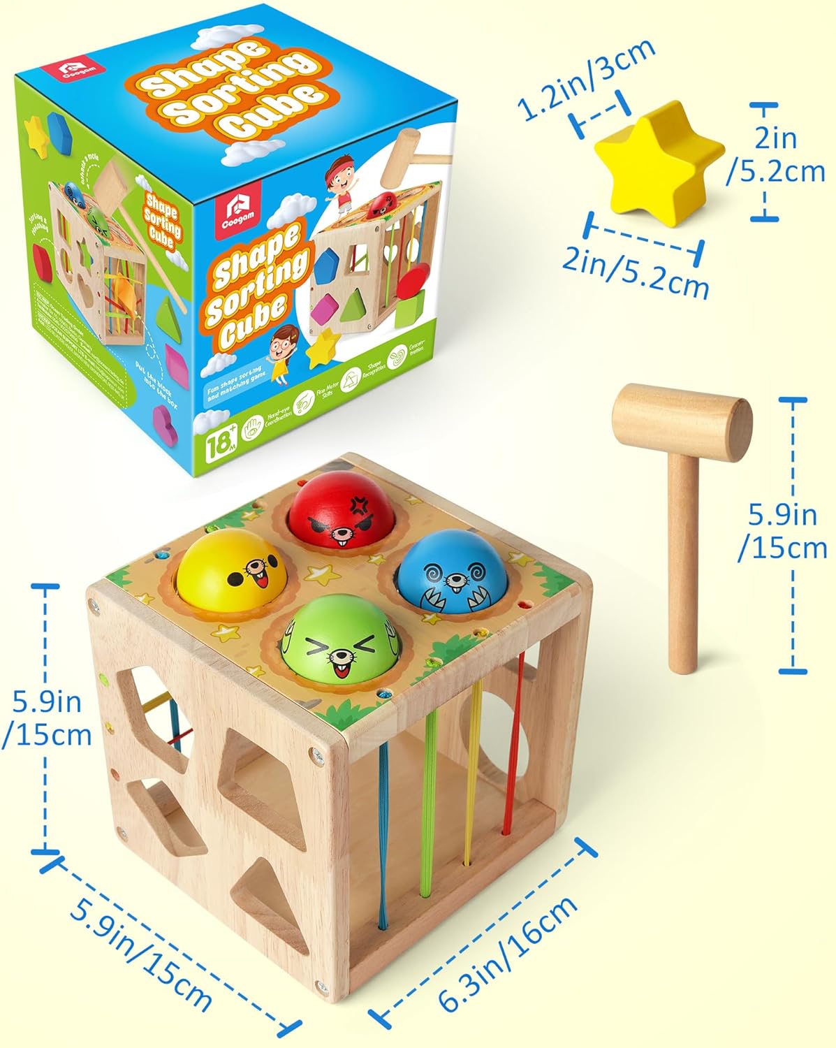 Coogam Wooden Montessori Toys for Toddlers, Shape Sorting Cube Fine Motor Skills Game for Year Old 18 Month+ Baby Boys Girls Gift