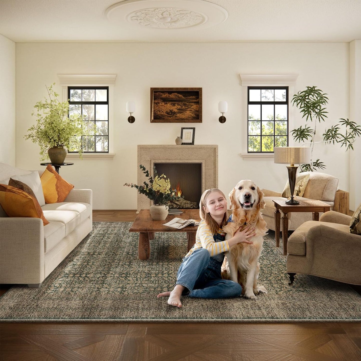 Machine Washable Rugs for Living Room: 5x7 Area Rugs Boho Vintage Rugs Stain Resistant Non Slip Low Pile Soft Lightweight Carpet for Bedroom Kitchen Dining Room Nursery Kids Room Farmhouse