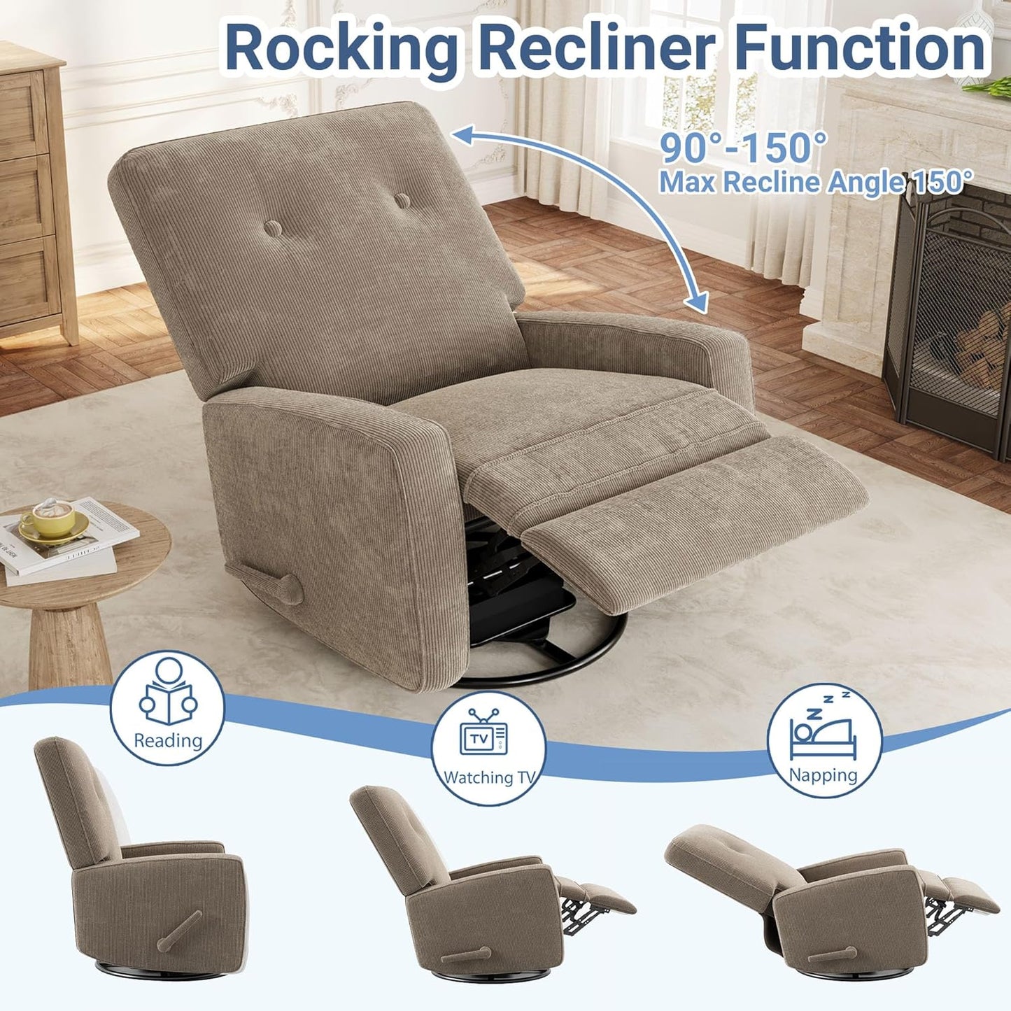 Recliner Chairs, Swivel Rocker Recline, Glider Recliner Nursery Chair, Recliner Chair for Adults, 360° Swivel Glider Rocking Chair for Living Room, Bedroom, Office, RV, Corduroy, Khaki