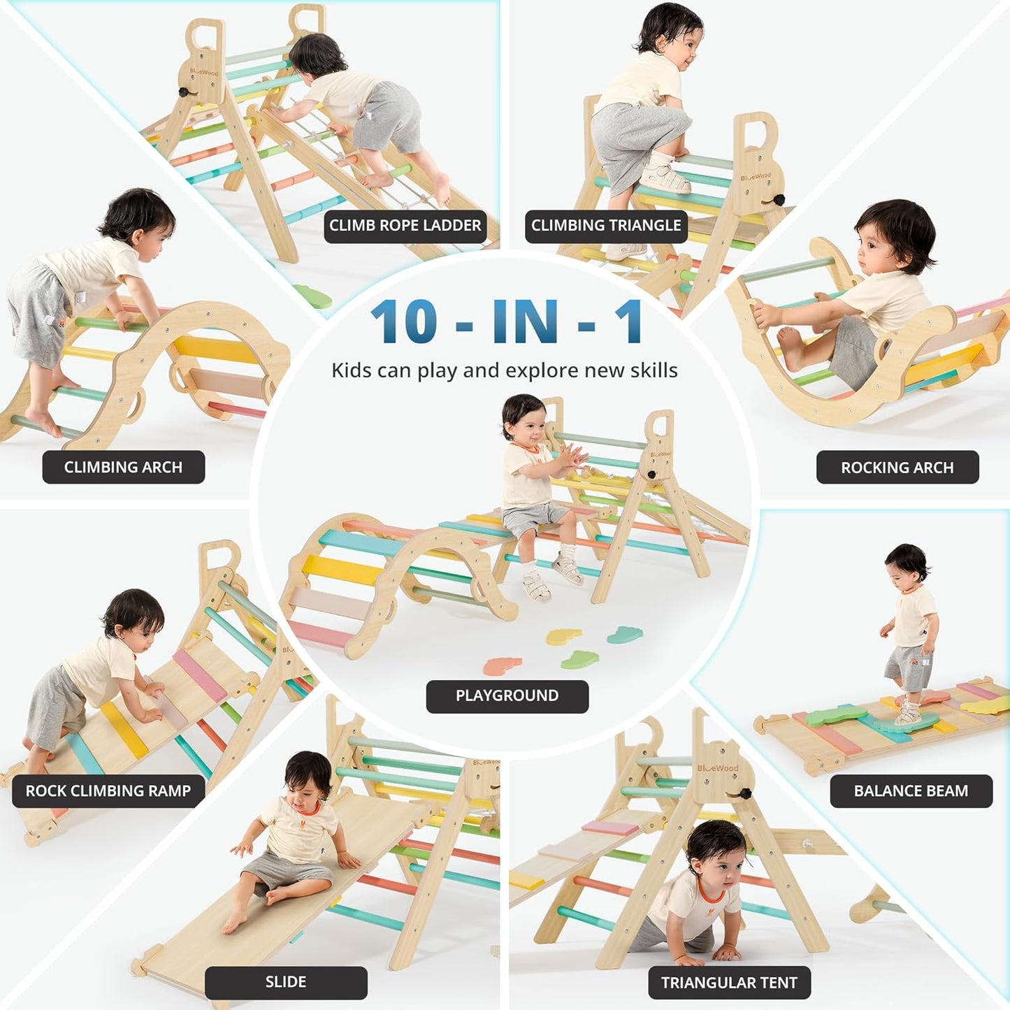 BlueWood 10-in-1 Pikler Triangle Set, Toddler Climbing Toys Indoor, Montessori Climber, Baby Jungle Gyms with Arch, Extra Rope Ladder & Footprint Balance Beam - Rose Garden