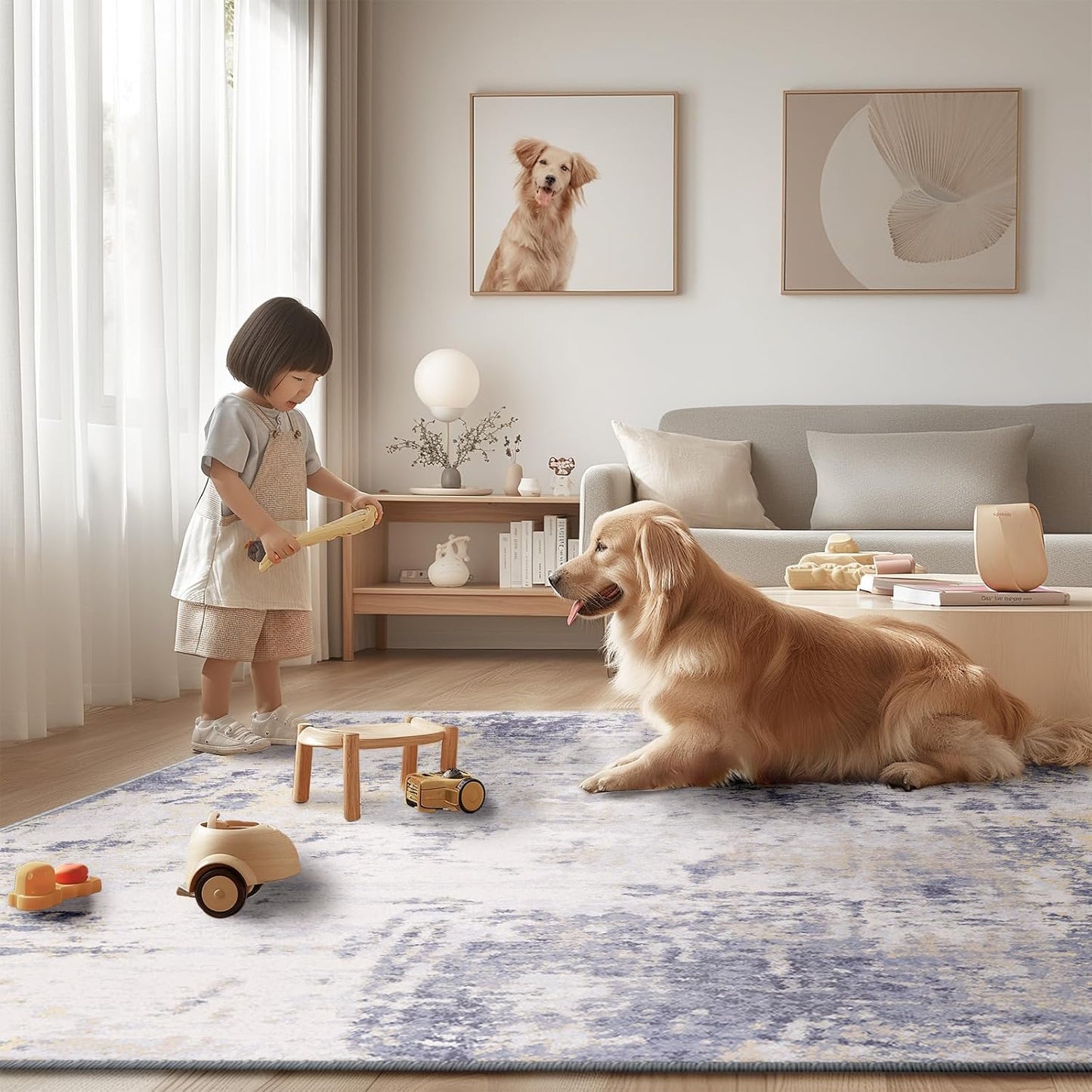 Washable Area Rugs 5'x7' Non-Slip Modern Abstract Soft for Living Room Entryway Bedroom Nursery, Print Pattern, Purple Grey Cream Yellow