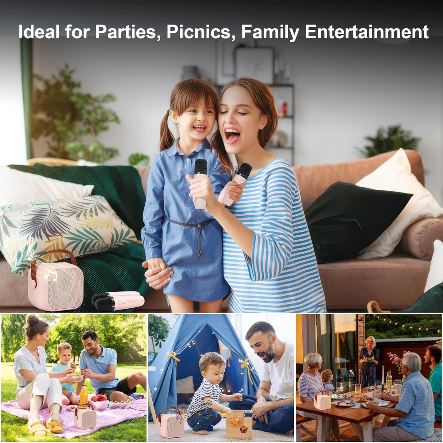 Portable Karaoke Machine with Bluetooth, Party Lights, 2 Wireless Microphones for Adults Kids Karaoke Speaker Birthday Gifts for Girls Boys Family Home Party (Pink 2 Mics)