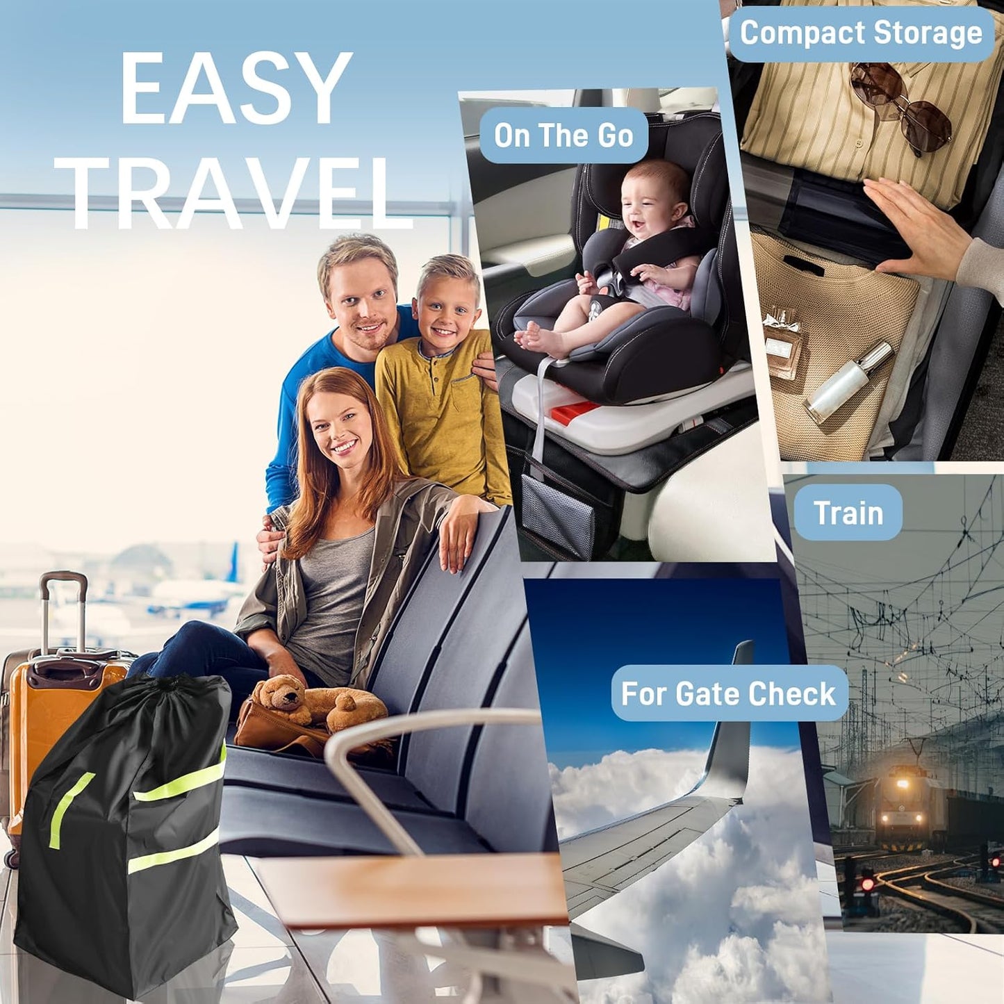 Car Seat Travel Bag for Airplane, Water-Resistant Gate Check Bag with Adjustable Carry Straps, Universal Fit, Durable Carseat Cover For Airplane Travel, Black