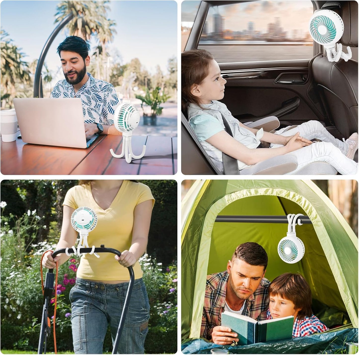 HandFan 4000mAh Battery Operated Stroller Fan Flexible Tripod Clip on Fan with 4 Speeds and Rotatable Max 31Hrs Handheld Personal Fans for Crib Car Seat Bike Treadmill (White)