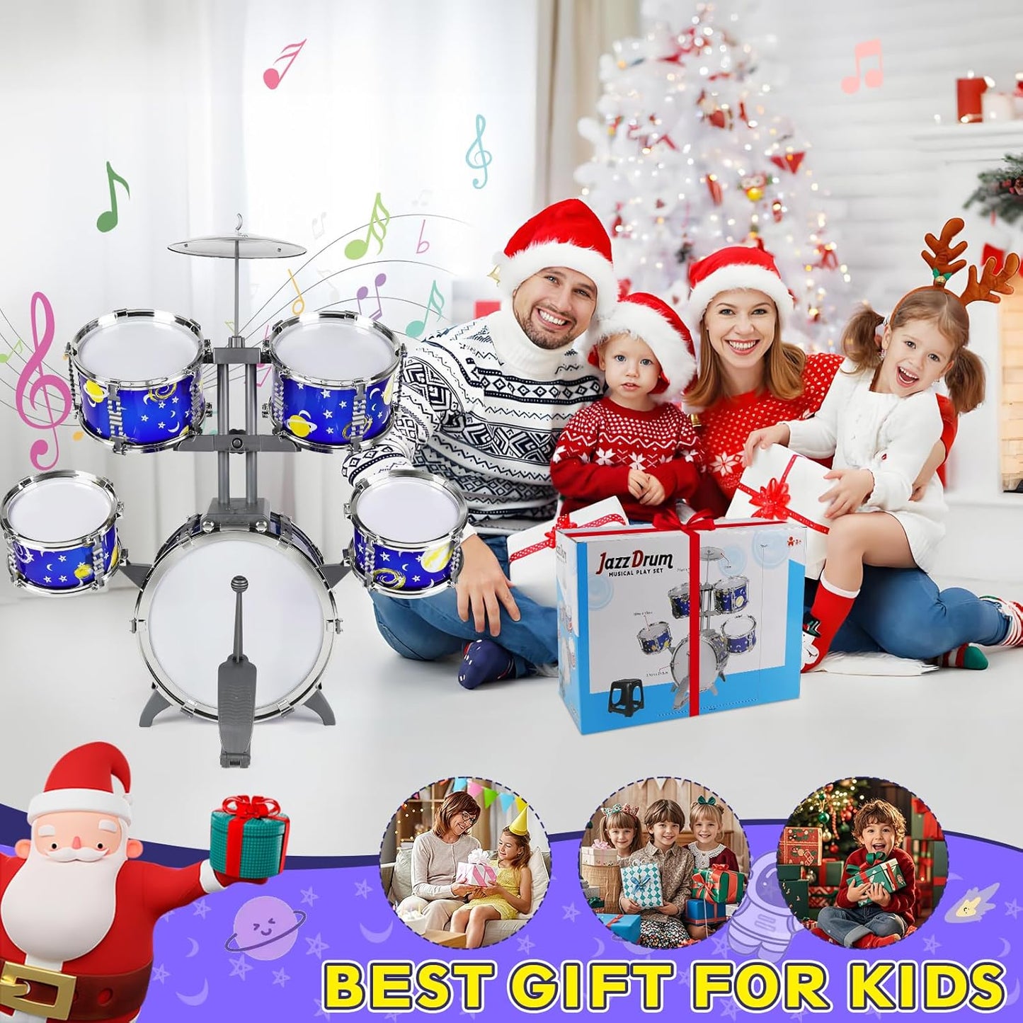 M SANMERSEN Upgraded Kids Jazz Drum Set Toddler Toy Drum Set with Stool, Plastic Rock Jazz Drum Kit Musical Toys Gift for Boys Girls 1-3 3-5