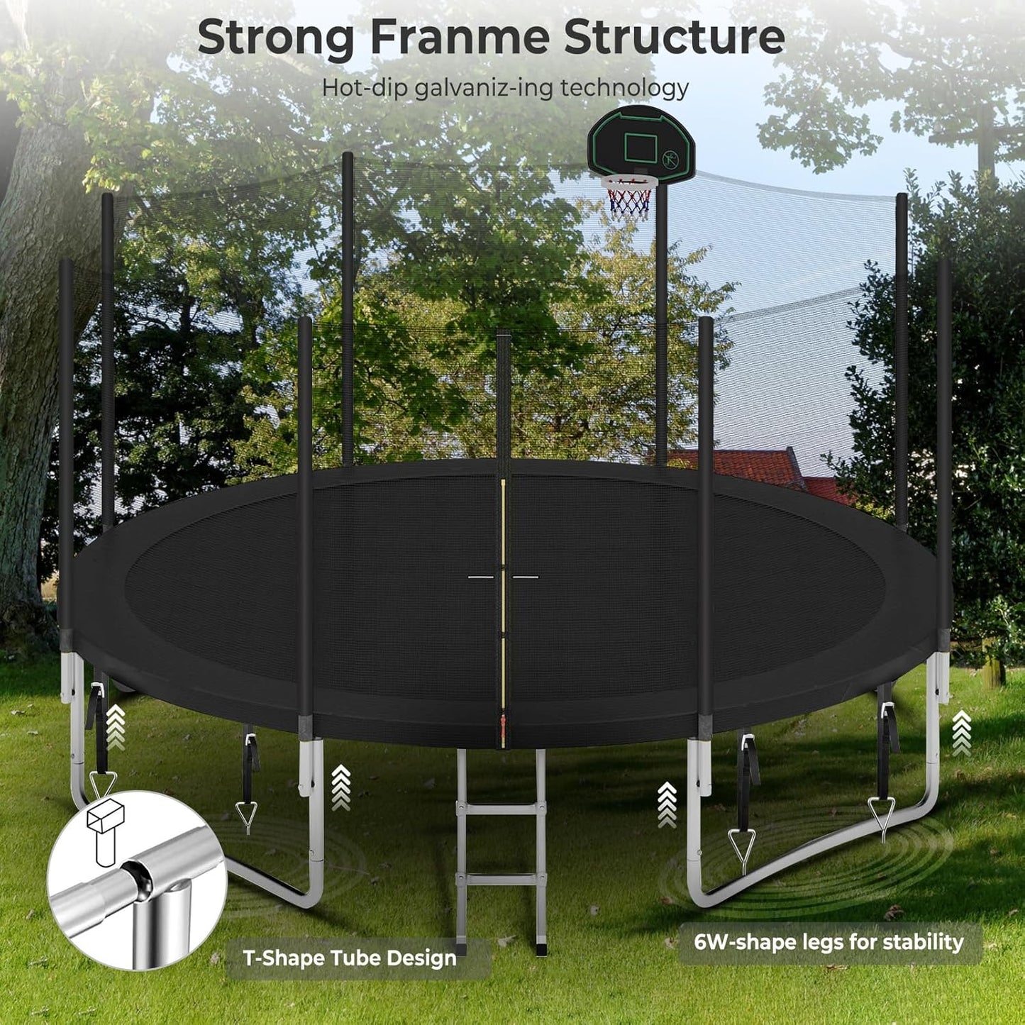 Upgraded 10/12/14/15/16FT Trampoline Outdoor, Large Kids Trampoline with Light, Stakes, Sprinkler, Backyard Trampoline with Basketball Hoop and Net, Capacity for 4-6 Kids and Adults
