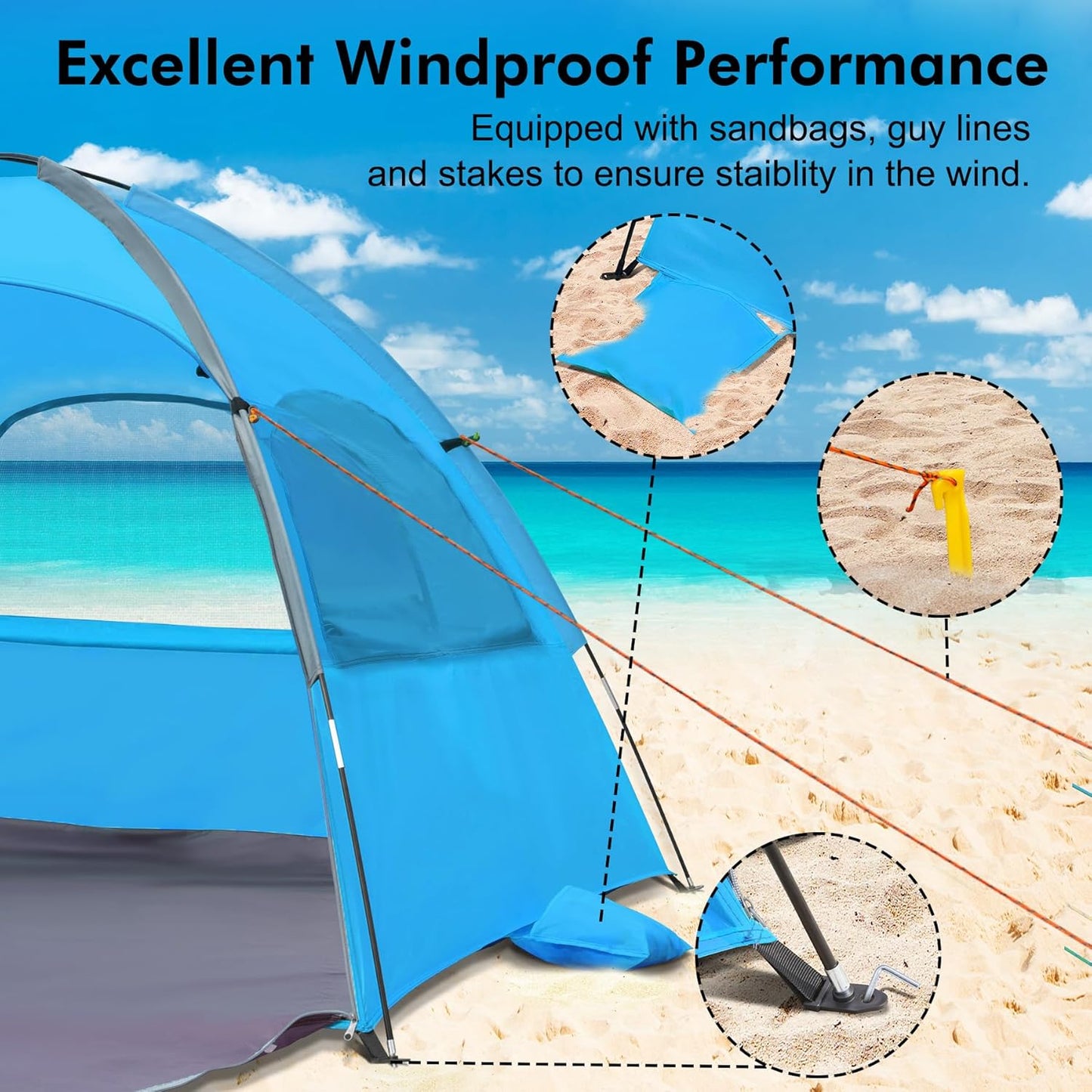 WhiteFang Beach Tent Anti-UV Portable Sun Shade Shelter for 3/4/6/8 Person, Extendable Floor with 3 Ventilating Mesh Windows Plus Carrying Bag, Stakes and Guy Lines
