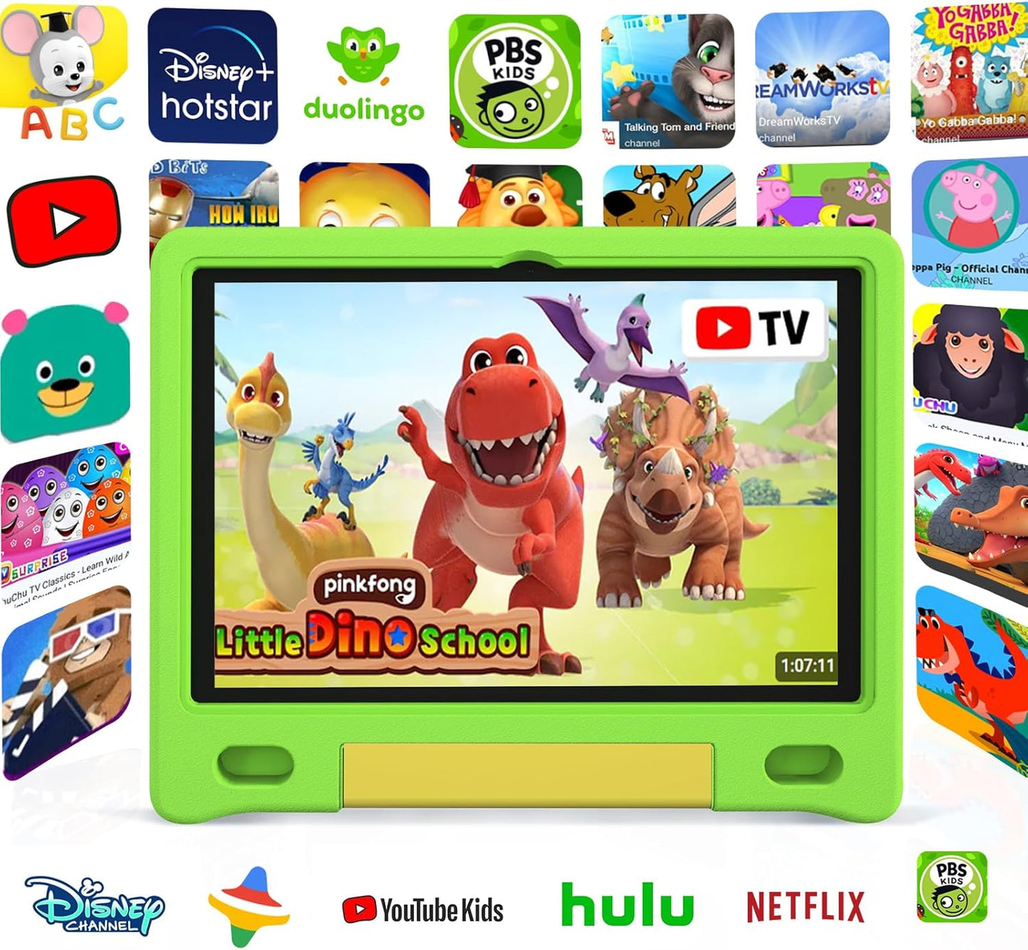 Tablet for Kids 10.1 inch Android 14 6000mHA 8GB RAM+64GB ROM(Expandable to 1TB Kids Tablet Age 3-12 with Case& Lanyard WiFi6 Google Kids Space Parental Control 1280 * 800 HD Screen Green