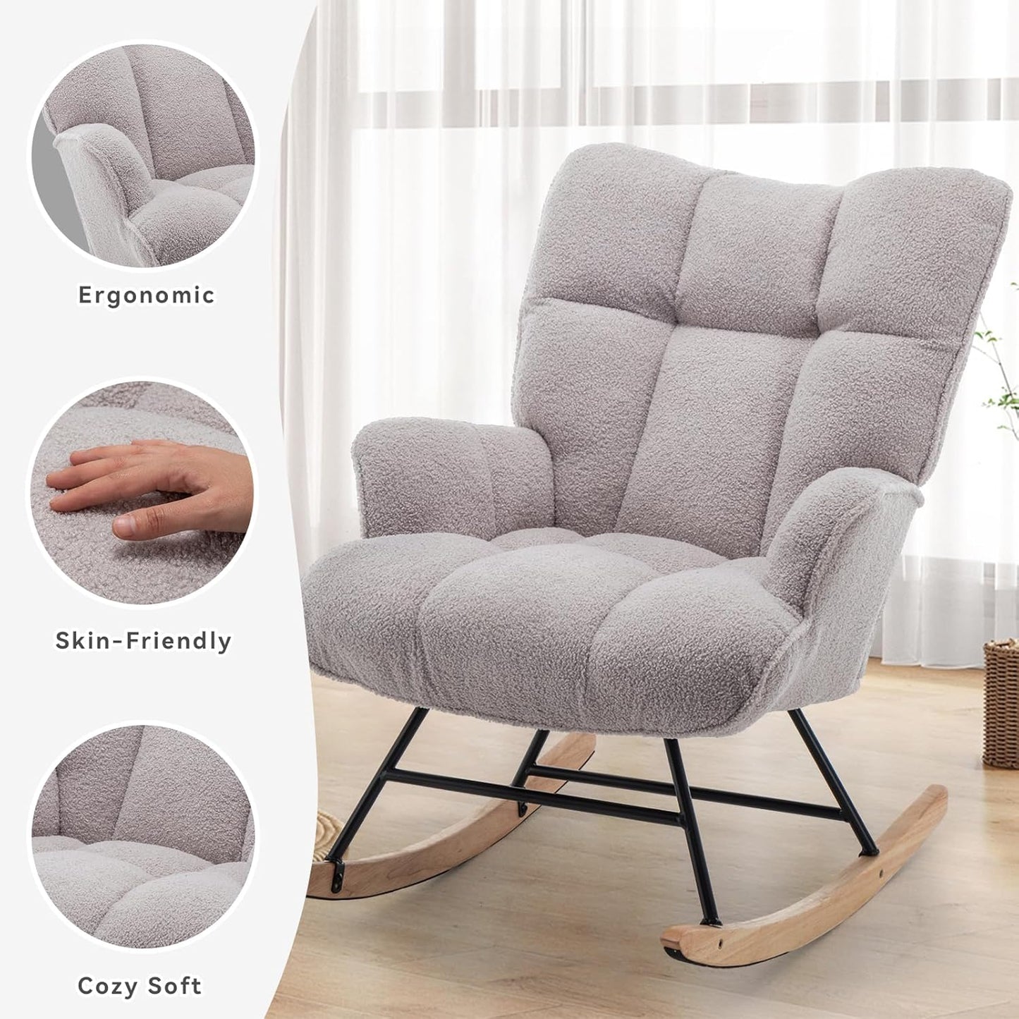 Rocking Chair Nursery Teddy Upholstered Glider Rocker Rocking Accent Chair Padded Seat with High Backrest Armchair Comfy Side Chair for Living Room Bedroom Offices (Grey Teddy)