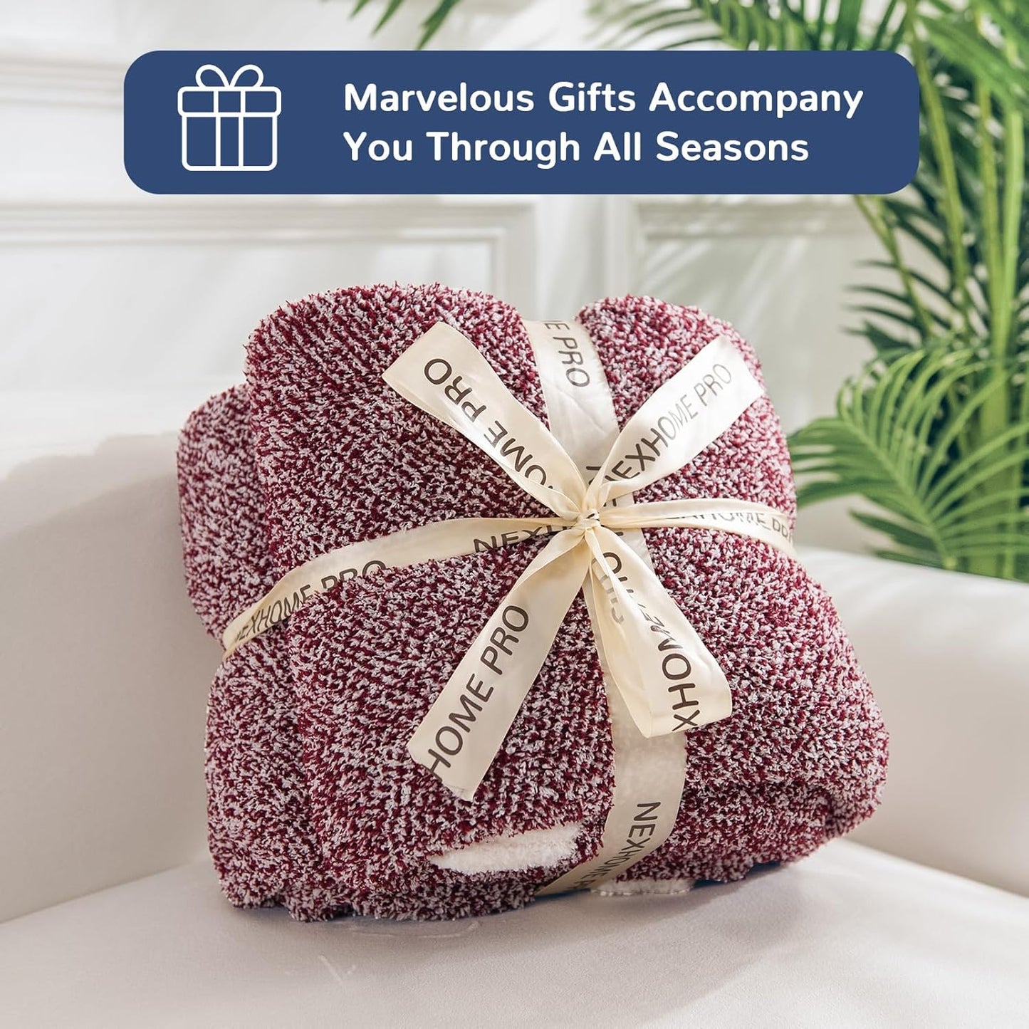 NEXHOME PRO Soft Twin Blankets for Couch, Reversible Warm Blankets Cozy Knit Blanket for Women, Fuzzy Plush Lightweight Throws for Sofa, Bed, Picnic, Wine 60 x 80 inches