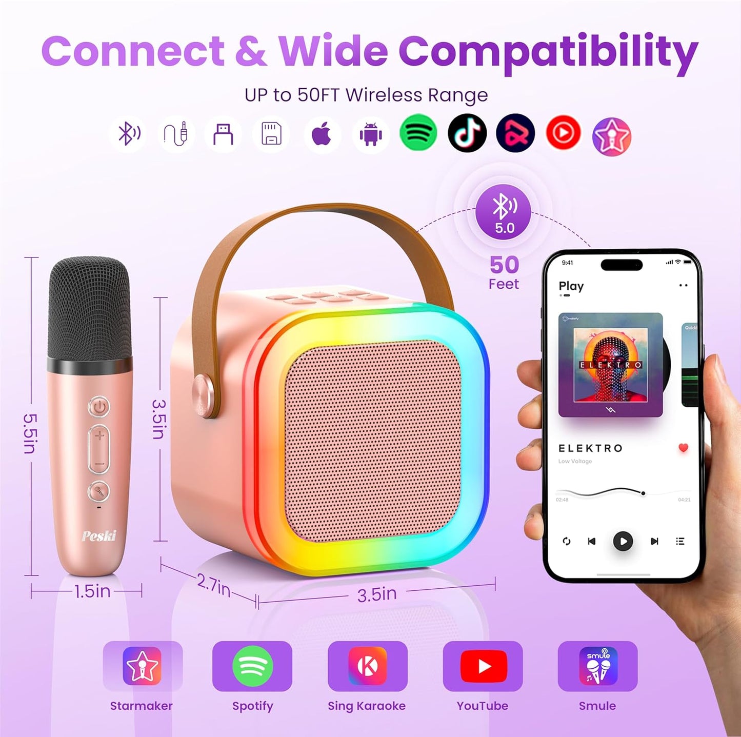 Peski Karaoke Machine for Kids Adults, Portable Bluetooth Mini Karaoke Microphone Singing Speaker Karaoke Player with 2 Wireless Mic, Birthday Gifts for Girls Boys Family Home Party(Rose Gold)
