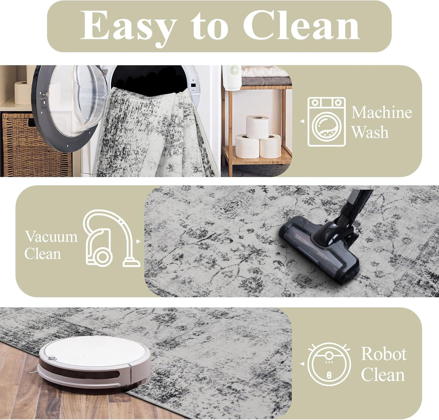 Washable 6x9 Area Rug for Living Room, Carpet for Bedroom Dining Room, Non Slip&Non-Shedding Resistant Low Pile Vintage Print Rug for Home Office ((White/Grey)