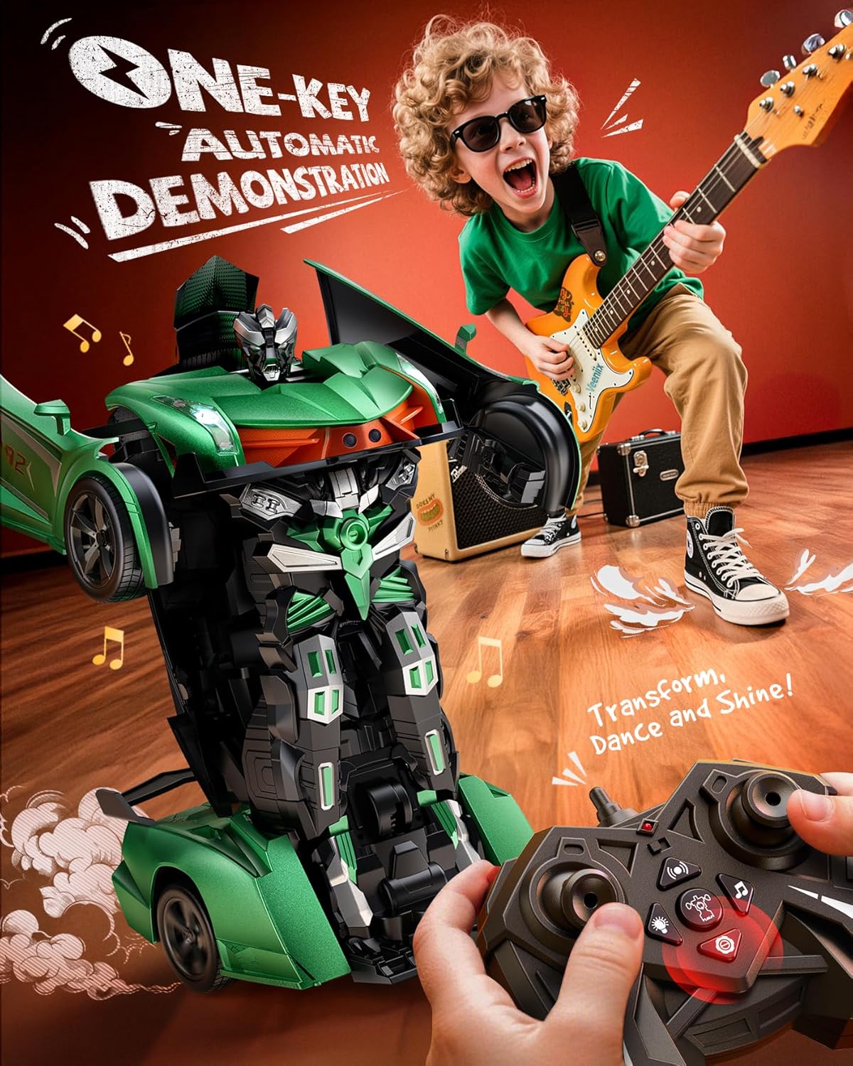 V992 Transform Remote Control Car,Transform Robot RC Cars,1:14 Scale,2-in-1 Robot Toy Car with Sound & Light Effects,Gesture Sensing,Automatic Deformation,Gift Toys for Boys and Girls (Green)