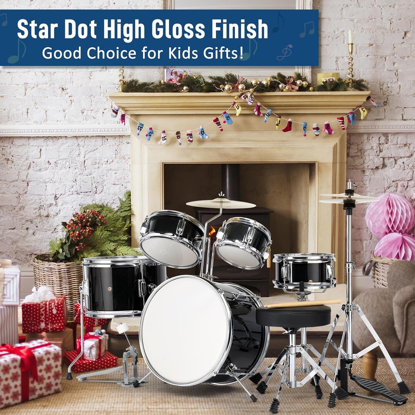 Ktaxon 5-Piece Complete Junior Drums Set, 14 Inch Beginners Drum Kit with Throne Stool, Pedal & Drumsticks, Kids Drums Musical Instruments W/Cymbal, Hi-Hat, Floor, Tom and Snare Drum (Black)