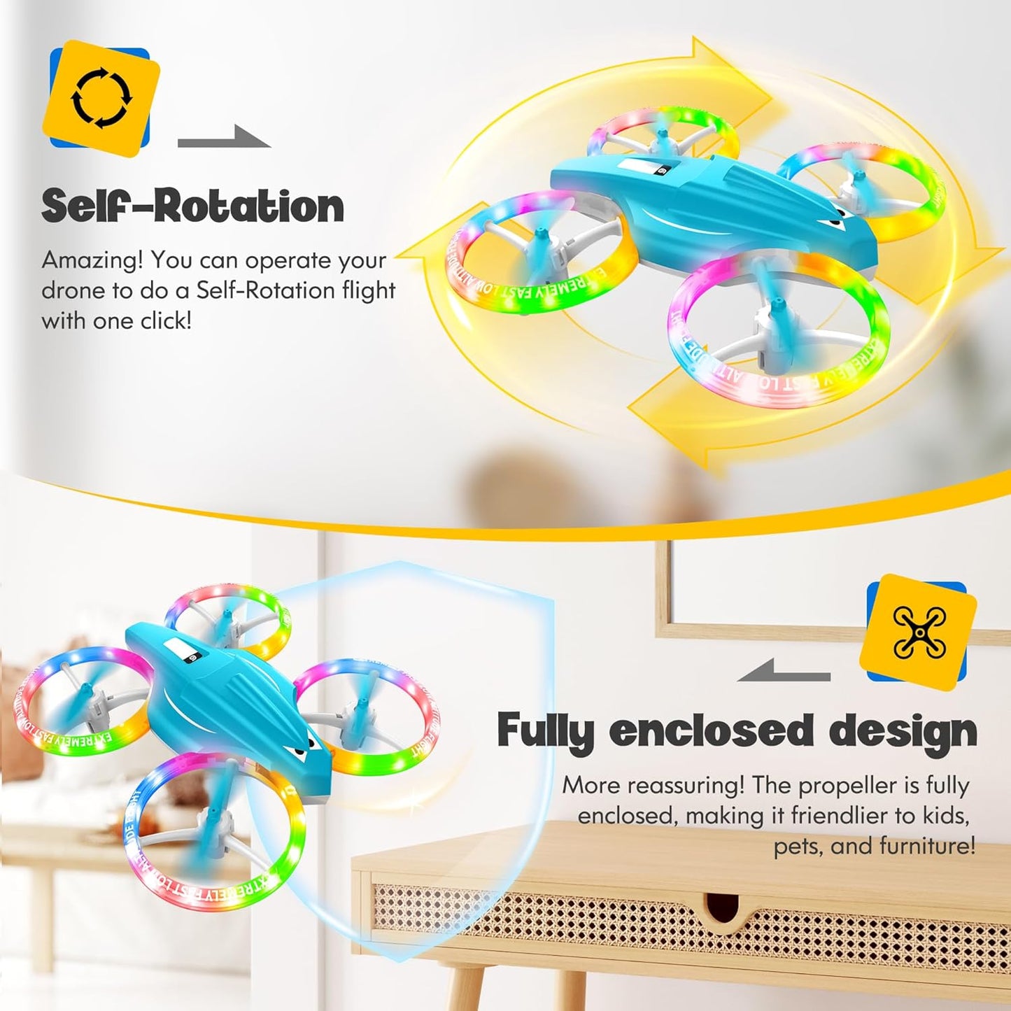 Drones for Kids With Cool Light, Kids Drone with 3D Flip, Altitude-Hold, Self-Rotation, Headless Mode, 3 Speed Modes, One-Click Take-off/Landing, Mini Drone for Beginners, Indoor(Light Blue)