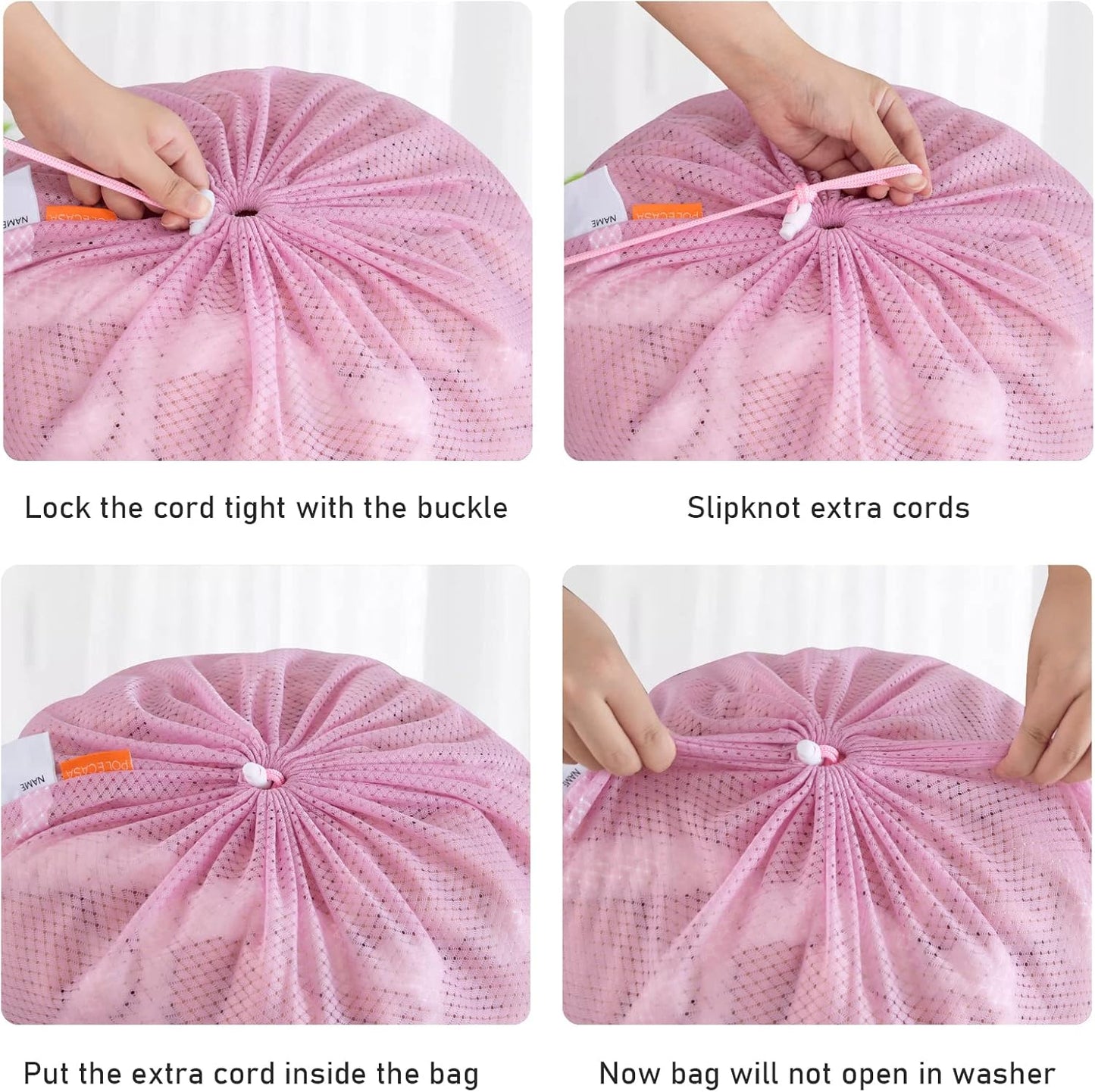 Polecasa Heavy Duty Diamond Large Mesh Laundry Bag with ID Tag and Locking Drawstring Closure - 24 x 36 inches - Laundry Hamper Liner, Washable Laundry Bags for Travel, Sports, Dorms (Pink)