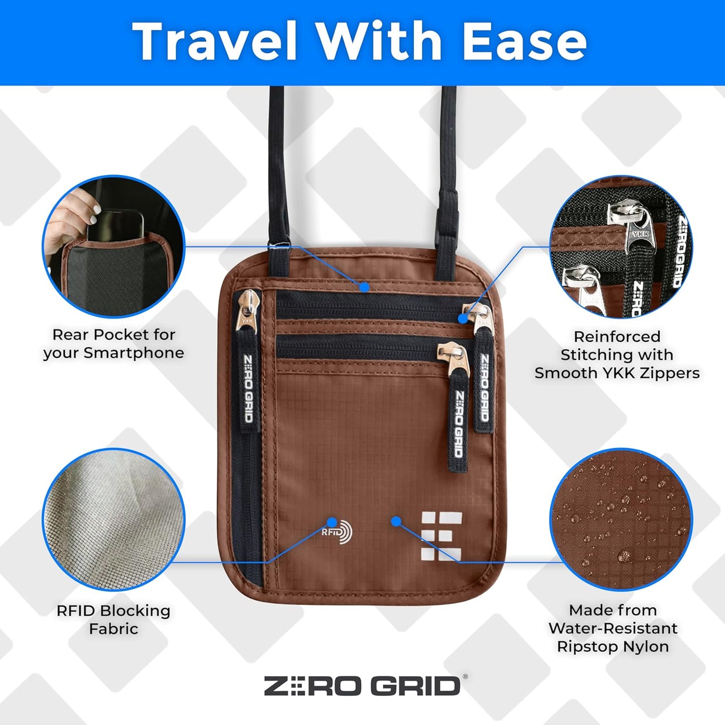 Neck Wallet for Travel & Passport Holder with RFID Blocking - Slim & Easy to Conceal Nylon Travel Pouch for men & women - Holds Phone, Cash, Cards, Keys - Sweat & Water Resistant - Large - Mocha