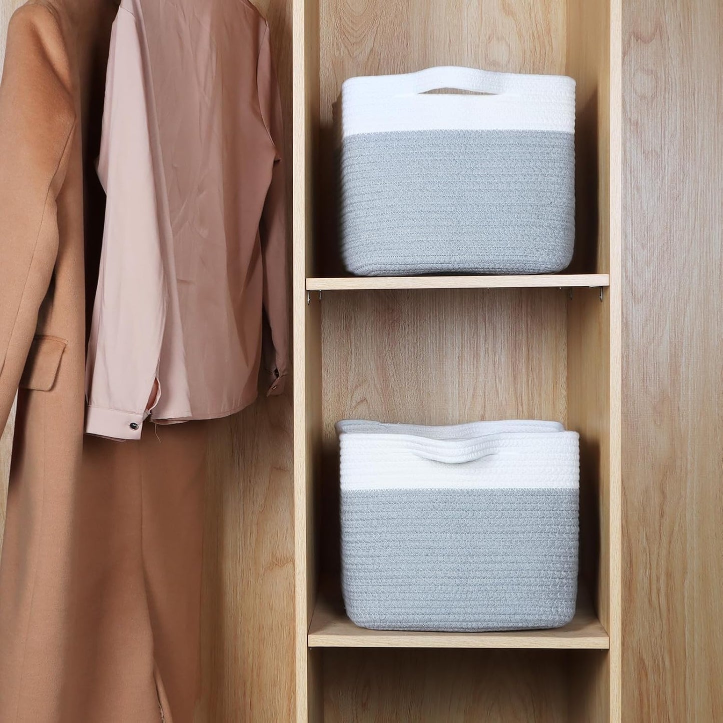 Kntiwiwo Storage Baskets for Organizing 14.7”x11”x9.6” Rope Storage Baskets for Shelves with Handles, Decorative Closet Baskets & Bins, Large Woven Baskets for Storage, White & Grey