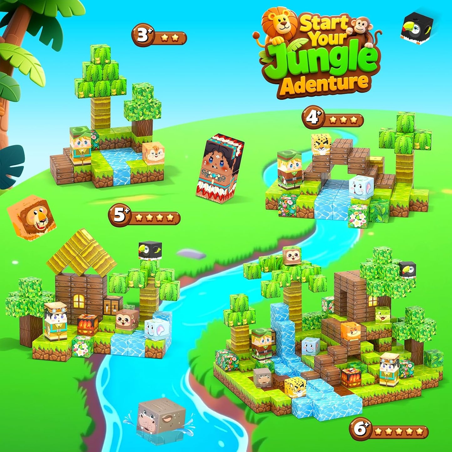 150 Magnetic Blocks – Mine Magnet Game Building Craft, STEM Constructions Toy, Jungle Animals, Sensory Stacking Cubes Kids Toys, Christmas Birthday Gifts for Boys Girls Age 3-5, 5-7, 4-8, 8-12