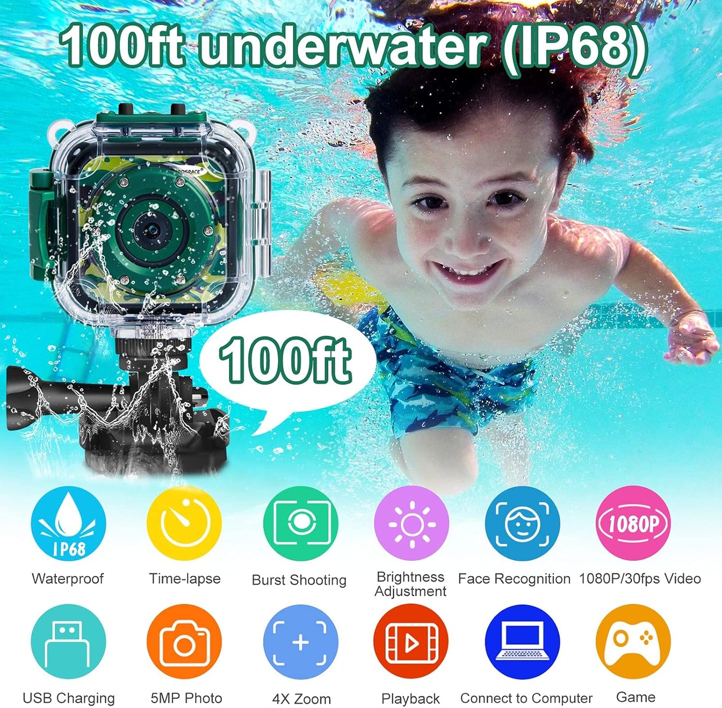 PROGRACE Waterproof Camera for Kids - Children Digital Video Cameras Underwater Camera 1080P Toddler Sports Cameras for Boys Birthday Cámara Pool Toys Age 3 4 5 6 7 8 9 10 11 12