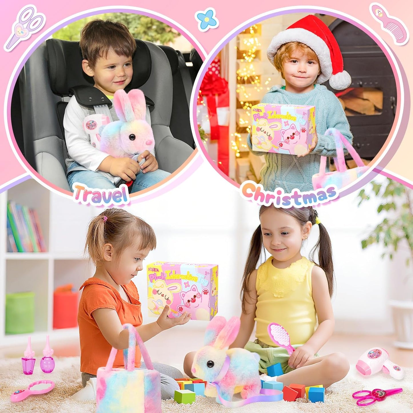 Plush Interactive Bunny Toys for Kids with Tote Bags,Stuffed Robot Pet Rabbit with Leash Hopping Wiggle Ears Pretend Play,Realistic Cute Fidget Toys for Toddler Stocking Stuffers Birthday Gifts