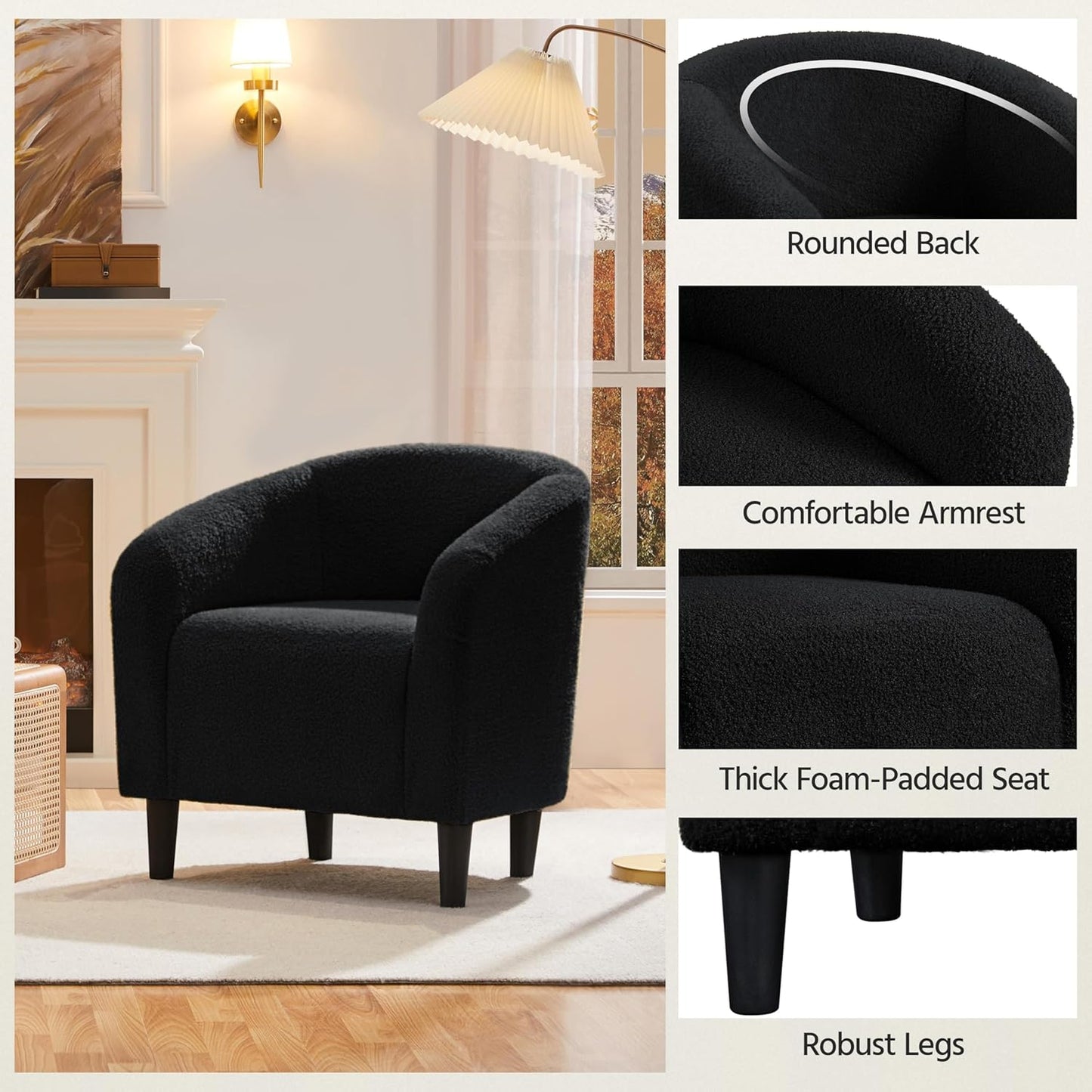 Yaheetech Accent Barrel Chair, Boucle Fabric Club Chair, Furry Sherpa Elegant Armchair with Cozy Soft Padded, Suitable for Living Room Bedroom Reception Room Office, Black