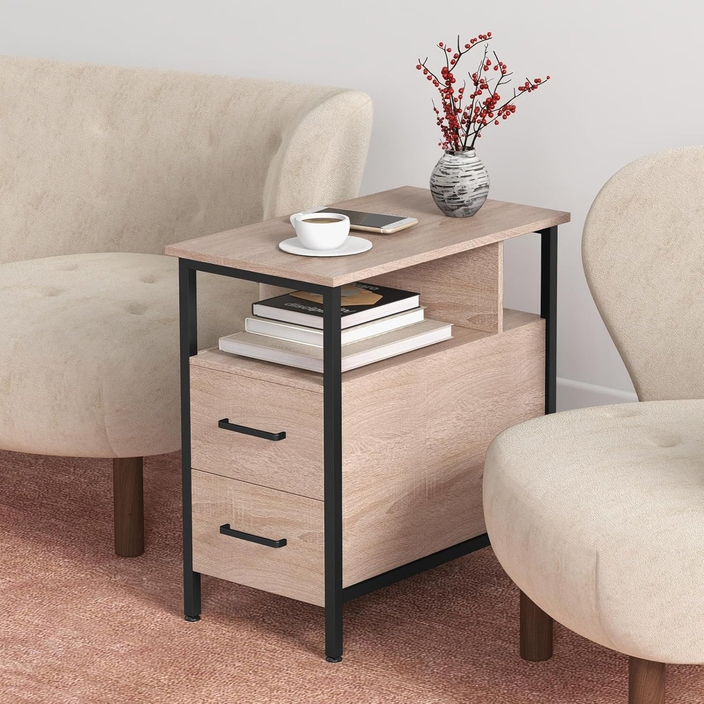 Side Tables with Charging Station, Narrow End Table with 2 Wooden Drawers, USB Ports and Power Outlets, Narrow Nightstand and Bedside Table, Side Tables Living Room, Bedroom, Greige