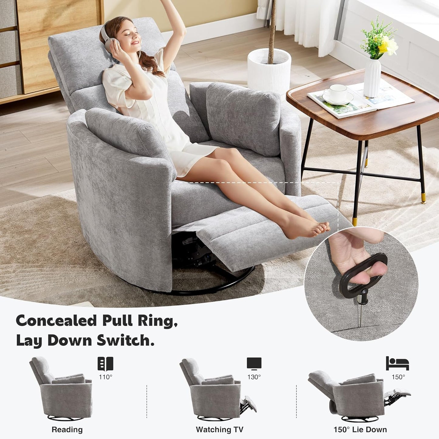 Recliner Swivel Rocking Glider Chair, Upholstered Nursery Adult Recliner Rocking Chair with 2 Pillows for Living Room Bedroom(LIGHTGREY, Manual Operation)