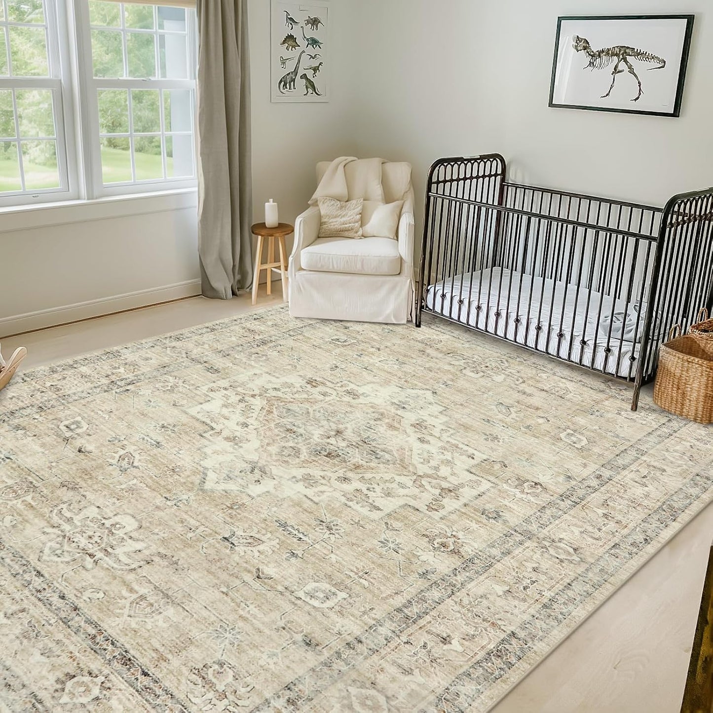 LIVEBOX Washable Area Rug 9x12 Rugs for Living Room Bedroom, Non-Slip Boho Neutral Carpet for Dining Room Office, Low-Pile Farmhouse Soft Carpets for Kids Nursery Room Playroom, Tan