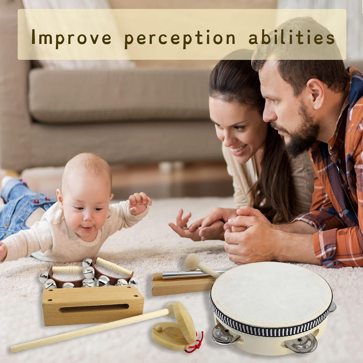 VINJOE Wooden Music SetโKids Musical Instruments Toys, Natural Wood Percussion Instruments Toy for Kids Preschool Education Baby Musical Toys Instrument Set for Toddlers Best Gifts for Christmas