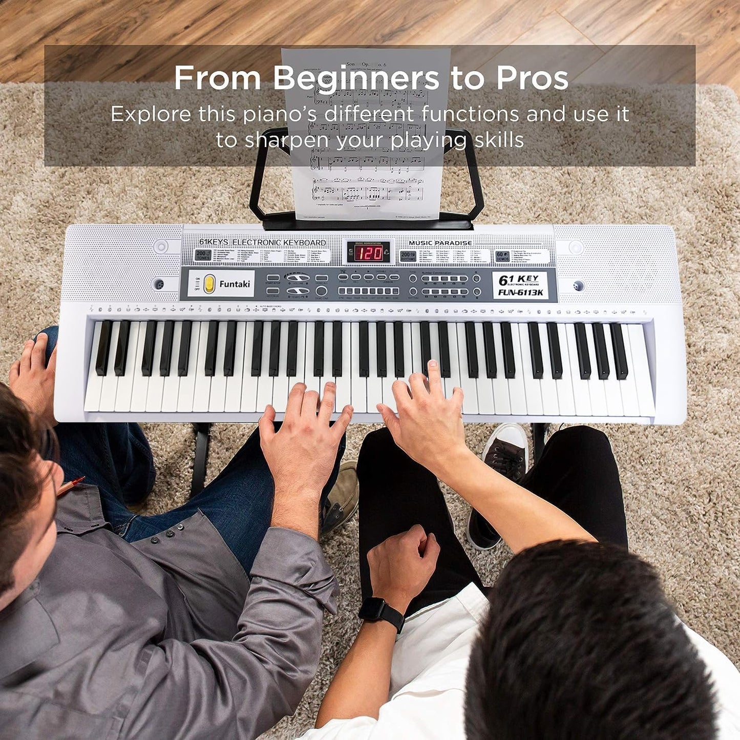 61 Key Electric Piano Keyboard with Lighted Keys, Digital Portable Keyboards with Sheet Music Stand, Mini Music Keyboard Pianos for Beginners Kids Adults, White