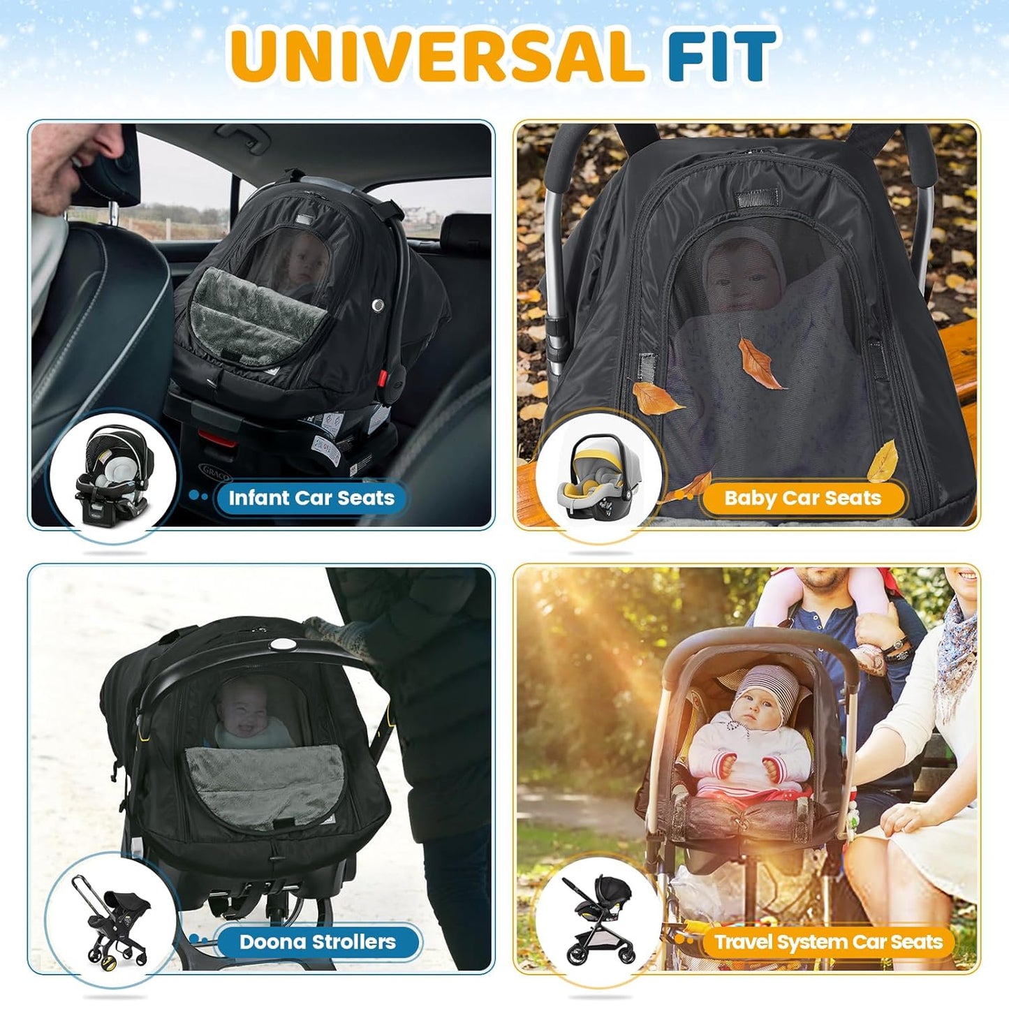 Orzbow Winter Car Seat Cover for Babies, Waterproof Carseat Canopy Cover with Peep Window of Breathable Mesh, Warm and Cozy Baby Car Seat & Carrier Covers for Cold Weather, Machine Washable, Black