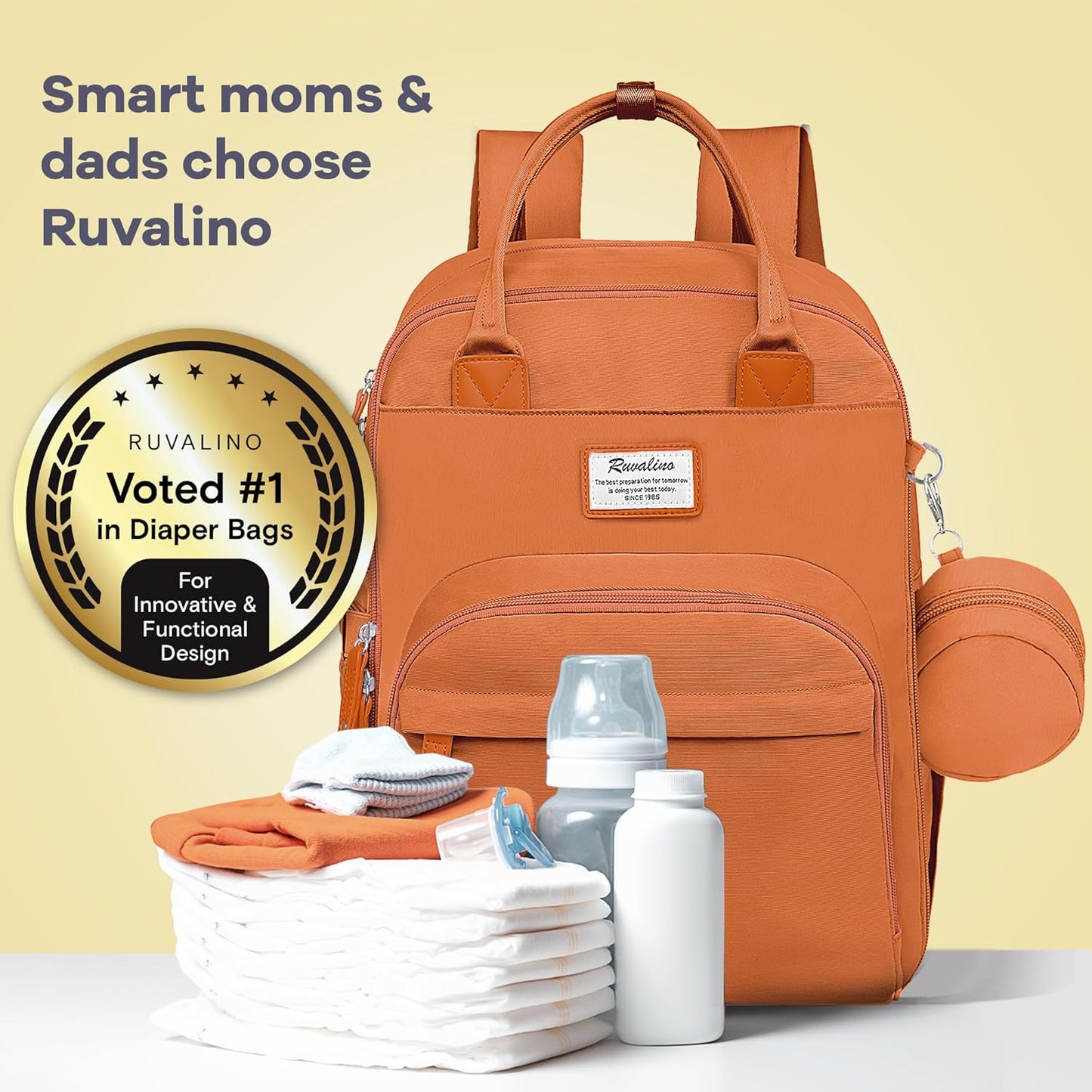 RUVALINO Diaper Bag Backpack-Multifunction Baby Travel Bag with Changing Pad, Insulated Bottle Holders & Pacifier Case, Large Capacity, Waterproof, Maple Orange