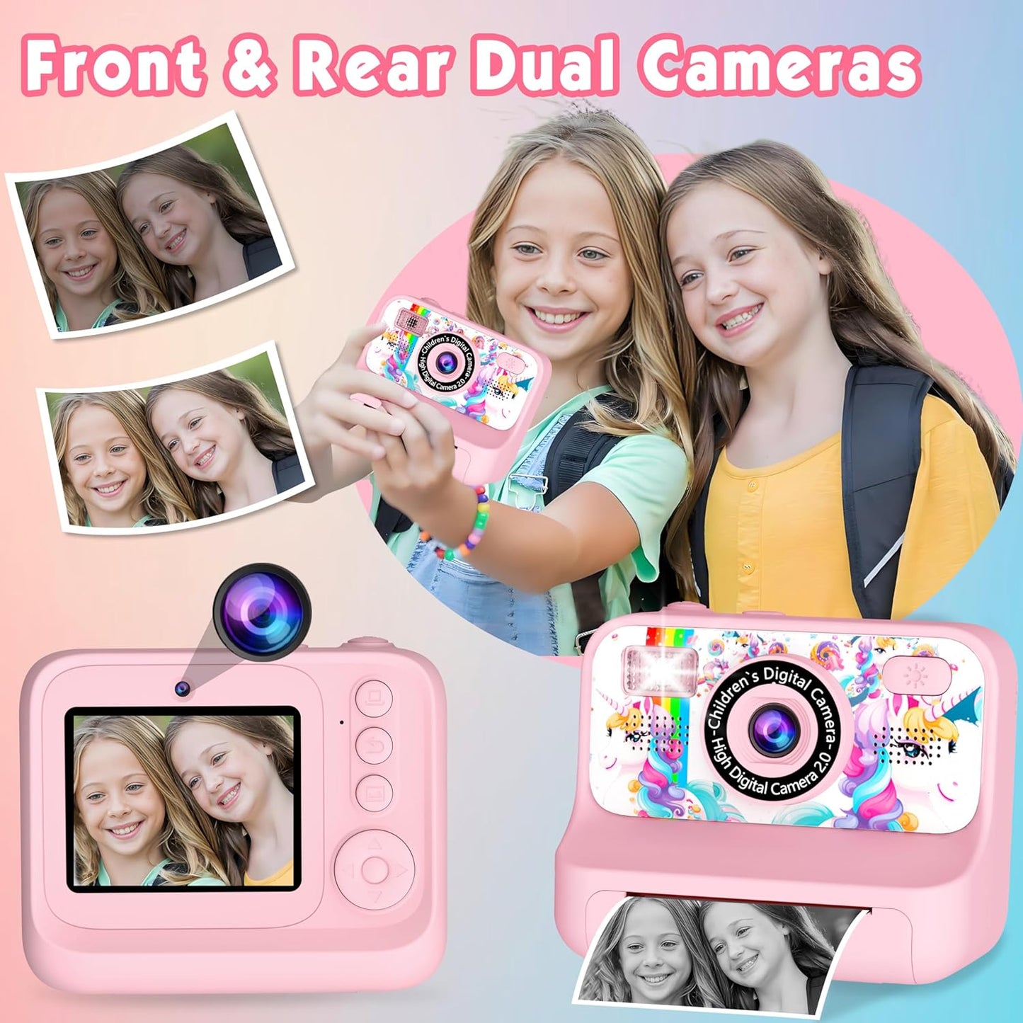 Kids Camera, Upgrade Kids Camera Instant Print, Front Rear Dual Selfie Digital CAM with 1080P Videos, Portable Travel Toy with Games and Music, Christmas Birthday Gift for Boys, Girls and Teens