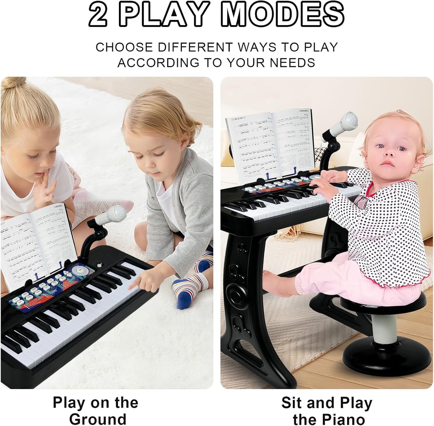 Love&Mini Piano Toy for Kids - 37 Keys Piano Keyboard Toy with Stool and Microphone, Black Electronic Musical Instrument Birthday Gift for Kids 3 4 5 6 7 8 Years Old Boys and Girls