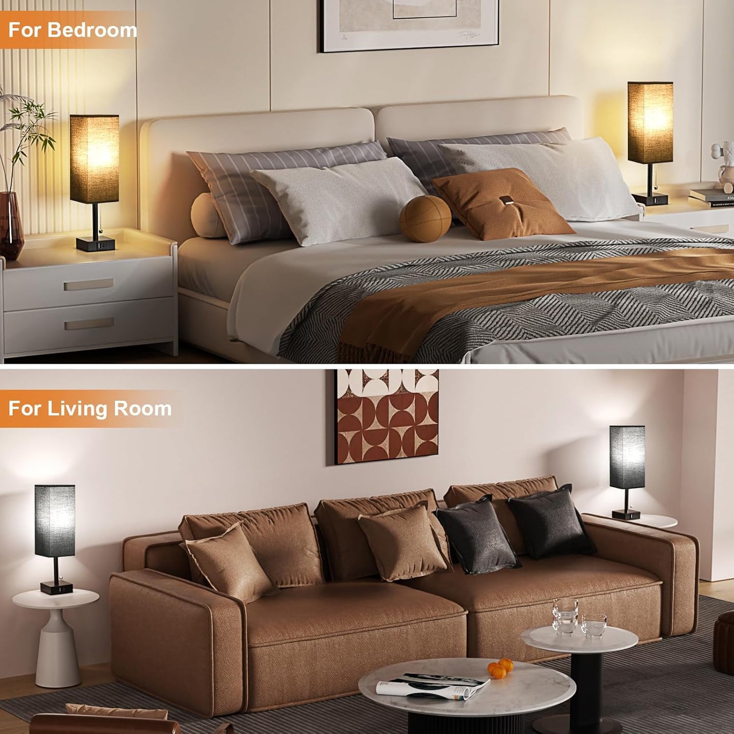 Bedside Table Lamps Set of 2 - Black Bedroom Lamps with 3 Color Temperatures (3000K/5000K/4000K), Two Square Nightstand Lamps with USB C + A Charging Ports, Pull Chain Small Night Light for End Table