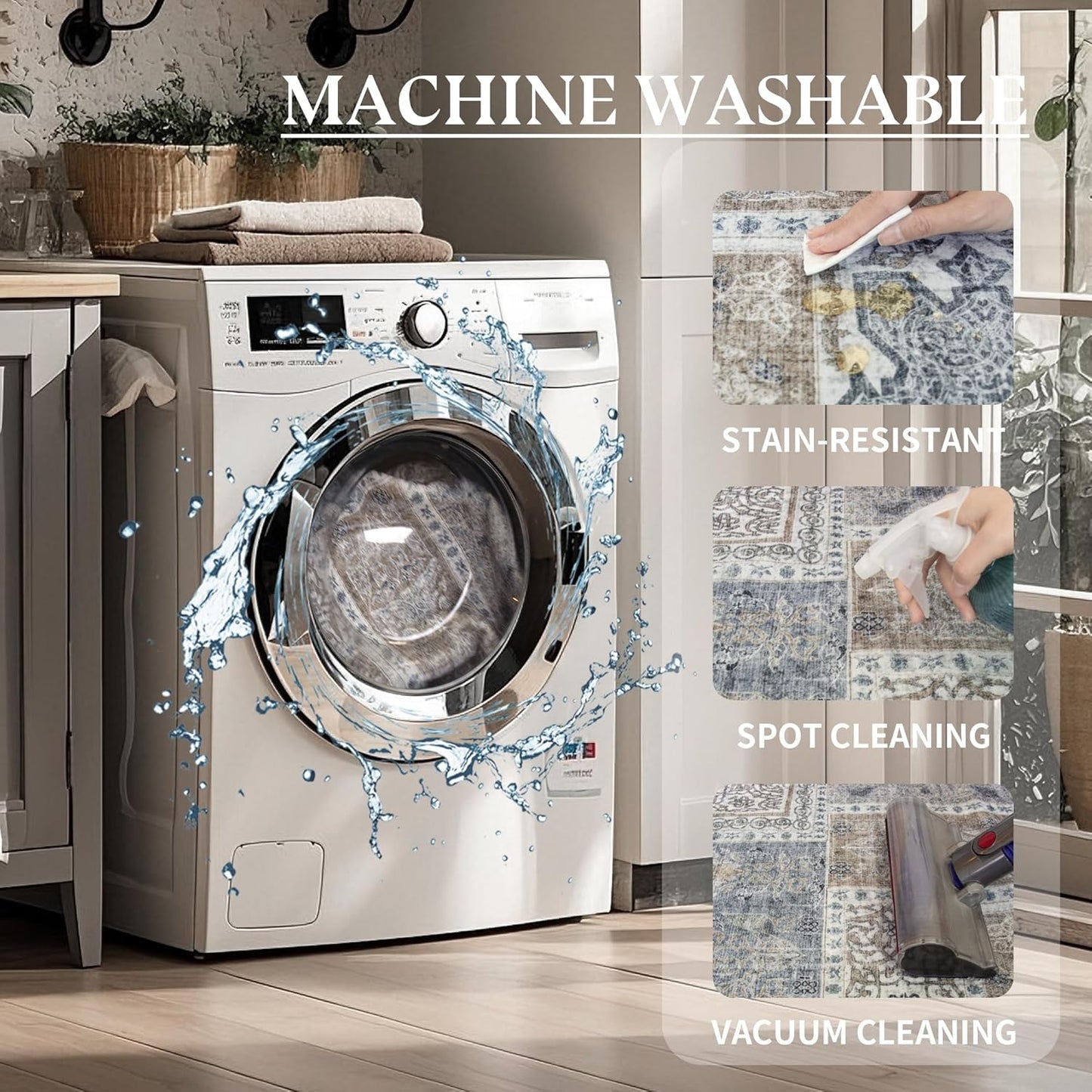 9x12 Area Rug Washable: Oriental Soft Area Rug for Living Room Bedroom No Shedding - Low Pile Thin Carpet Rug for Dining Room Non Slip - Boho Vintage Rug for Home Decor - Blue Grey