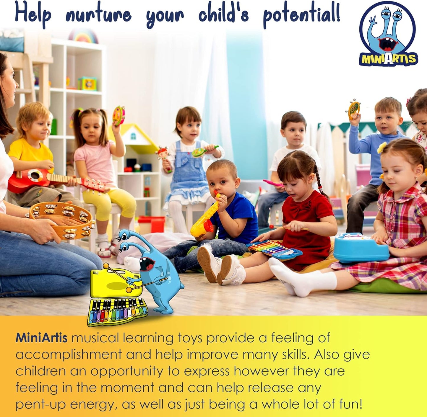 MINIARTIS Glockenspiel Xylophone | 25 Note Colorful Metal Keys Xylophone for Kids | Percussion Musical Instrument | Educational Music Toy Includes Music Songbook, Mallets and Yellow Carry Case