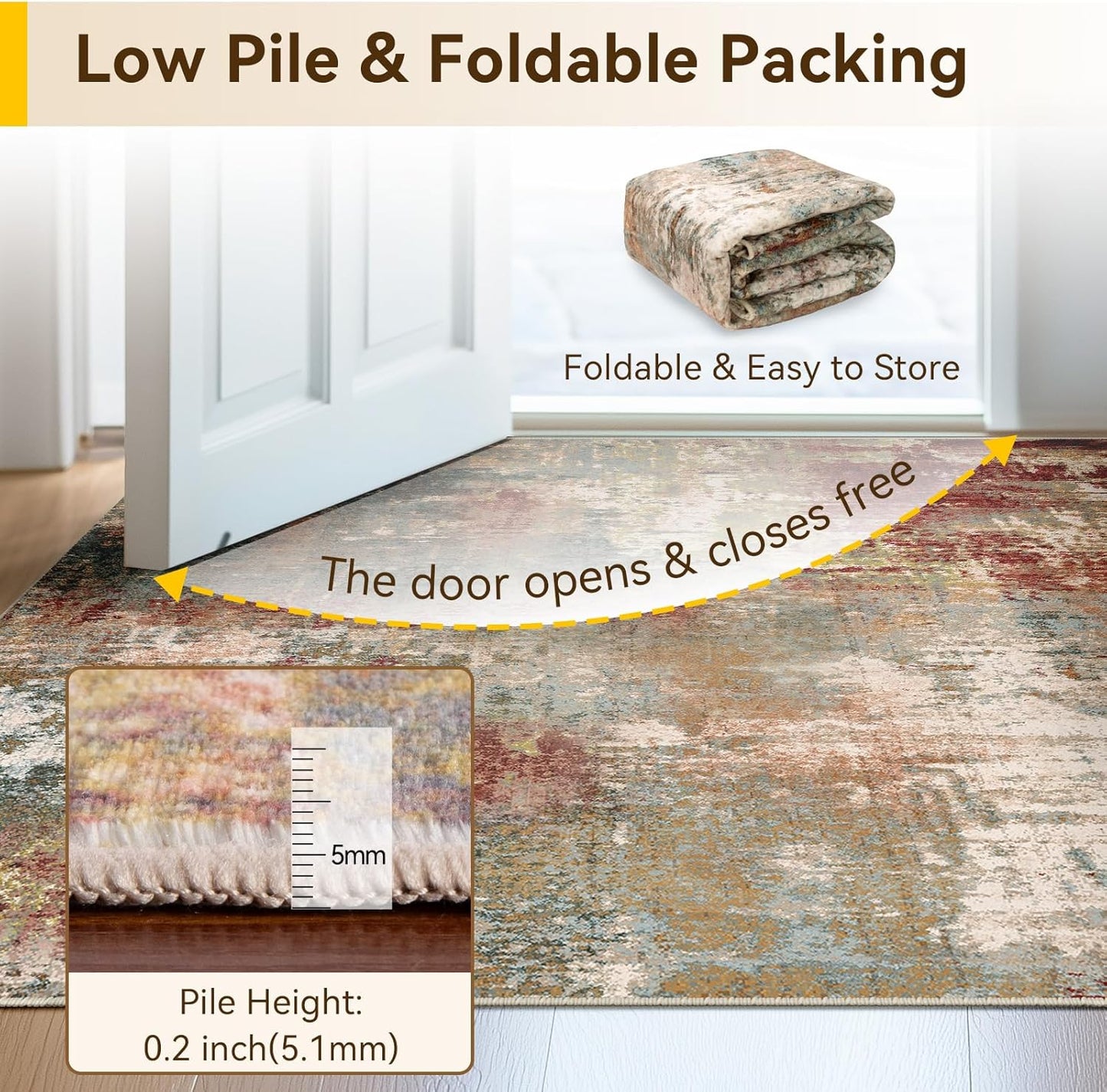 Washable Area Rugs 7'x9' Non-Slip Modern Abstract Soft for Living Room Entryway Bedroom Nursery, Print Pattern, Brown Rust Red Multi