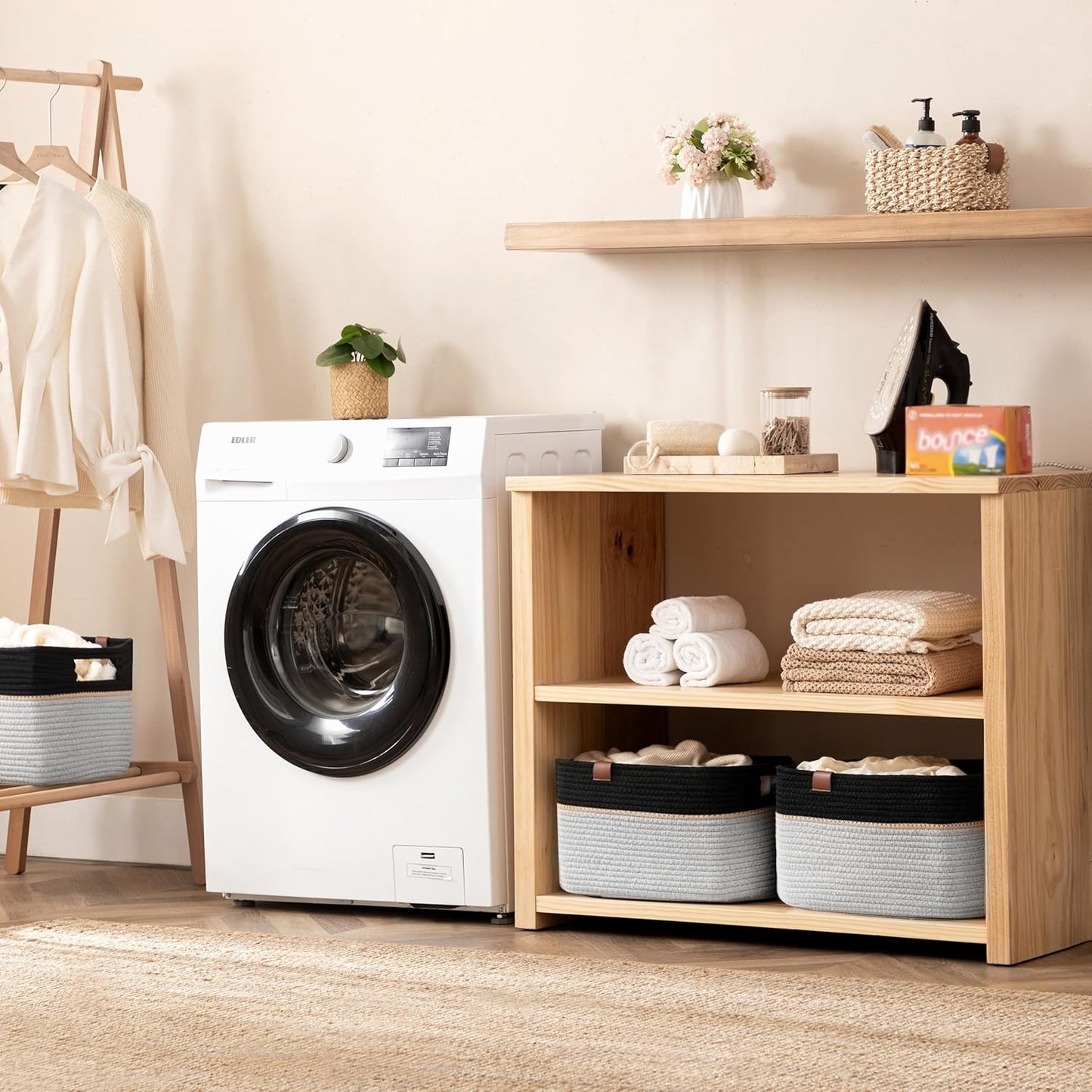 UBBCARE 2 Pack Baskets for Organizing, Woven Storage Baskets with Label for Toys and Towel, Rectangle Cotton Rope Basket with Handles, 15''L x10''W x9''H, Black&Grey