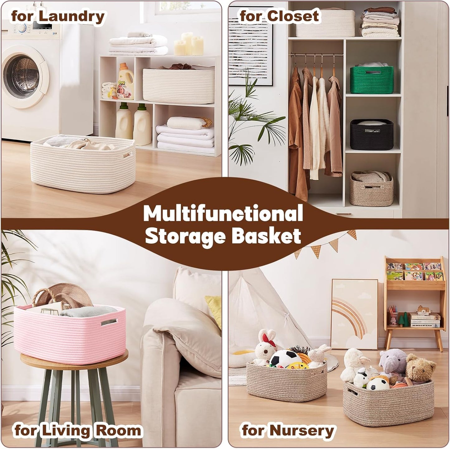 OIAHOMY Storage Basket for Shelves, Closet Cube Storage Bins Baskets for Clothes Blanket Towels, Baby Nursery, Toy Baskets Box, Woven Rope Basket, 17.72*12.99*7.87 IN, 2 Packs White