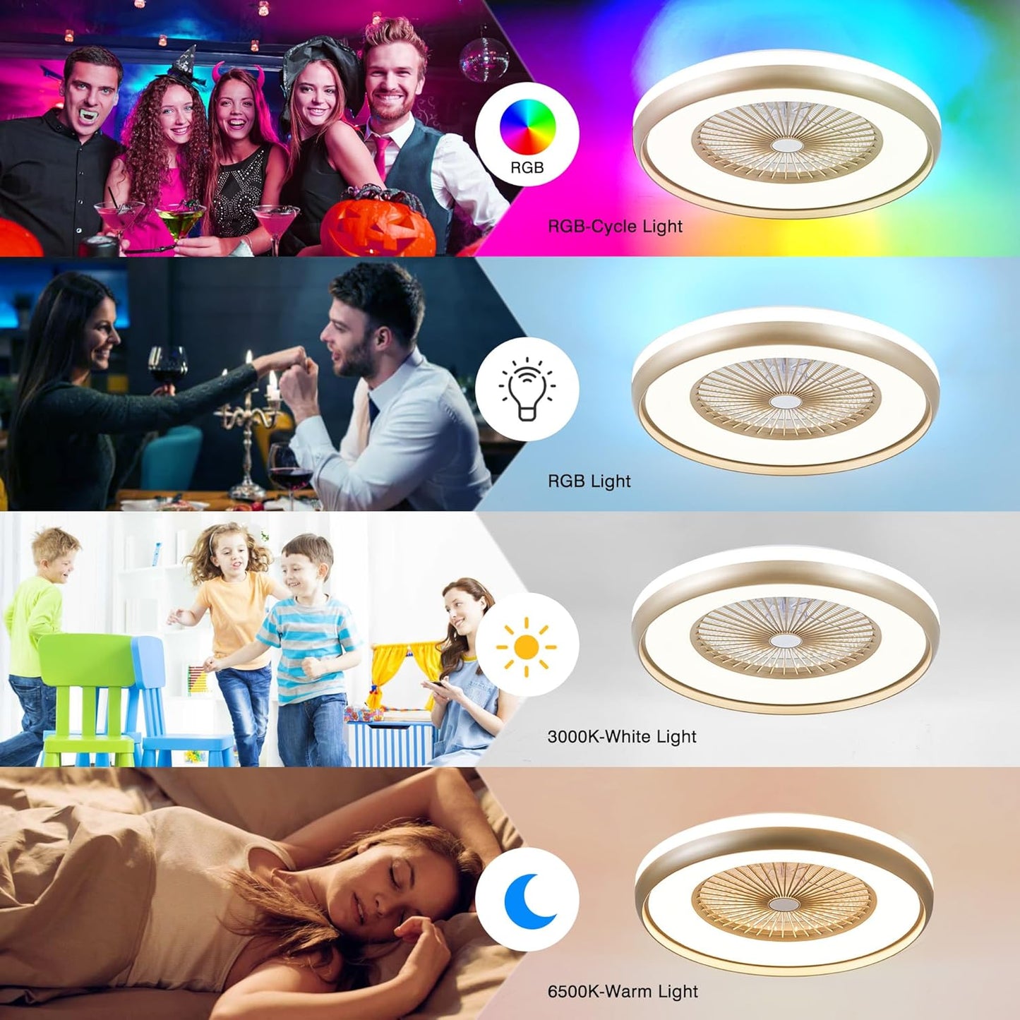 24" Bladeless Ceiling Fan with RGB Light Remote, Smart LED Ceiling Fans with Voice/App Control, Modern Low Profile Dimmable Light Ceiling Fan for Bedroom Living Room