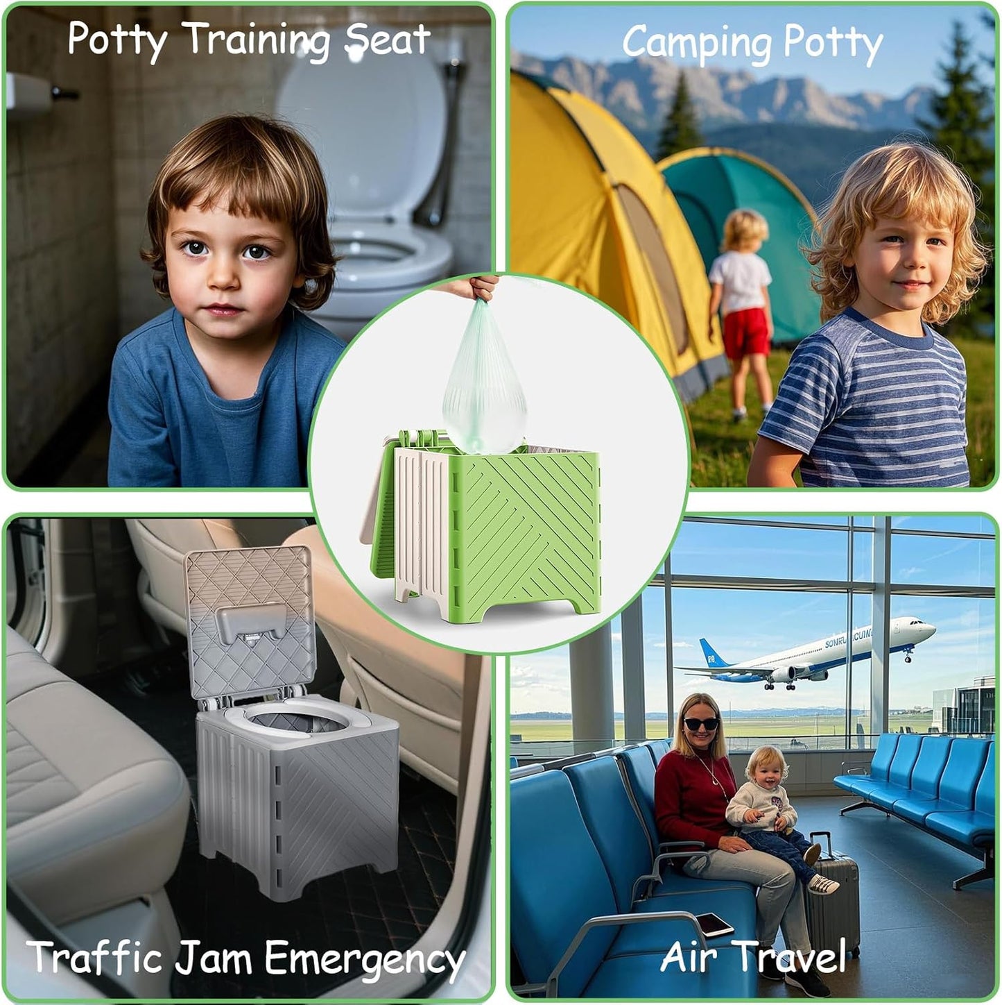 Portable Potty Seat for Toddler, Kids Travel Potty Foldable Compact Potty Training Toilet Seat with Cleaning Bags for Car, Camping, Travel, Outdoors (Green)