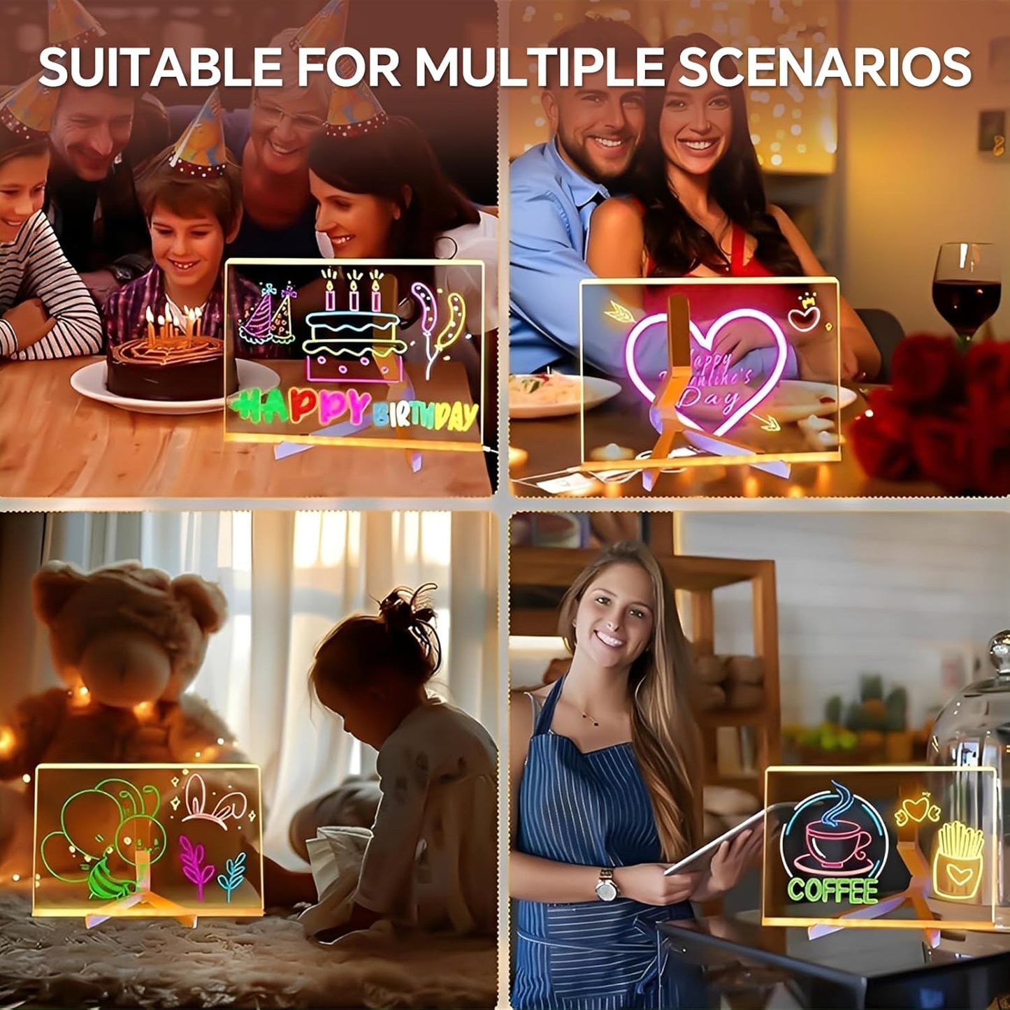 Led Drawing Board, Acrylic Dry Erase Board with Bracket, 11.8" X 7.9” Glow Writing Board, Led Note Board Comes with 7 Drawing Pens and 5 Cartoon Doodle Paper for Office School Home