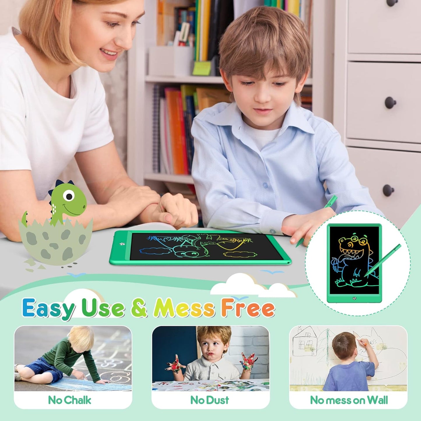 FLUESTON LCD Writing Tablet, Doodle Board Toys Gifts for 3-8 Year Old Girls Boys, 10 Inch Colorful Electronic Board Drawing Pad for Kids, Gifts for Toddler Educational Learning Travel Birthday, Green