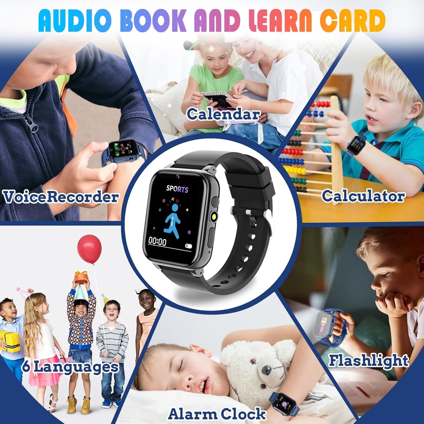 Goodatech 1.69'' Kids Smart Watch for Kids Boys Girls, Camera,26 Puzzle Games,Video Music Player,Pedometer,Alarm Clock, Learning Education Toys Gifts for 4-12 Years Children (Black)