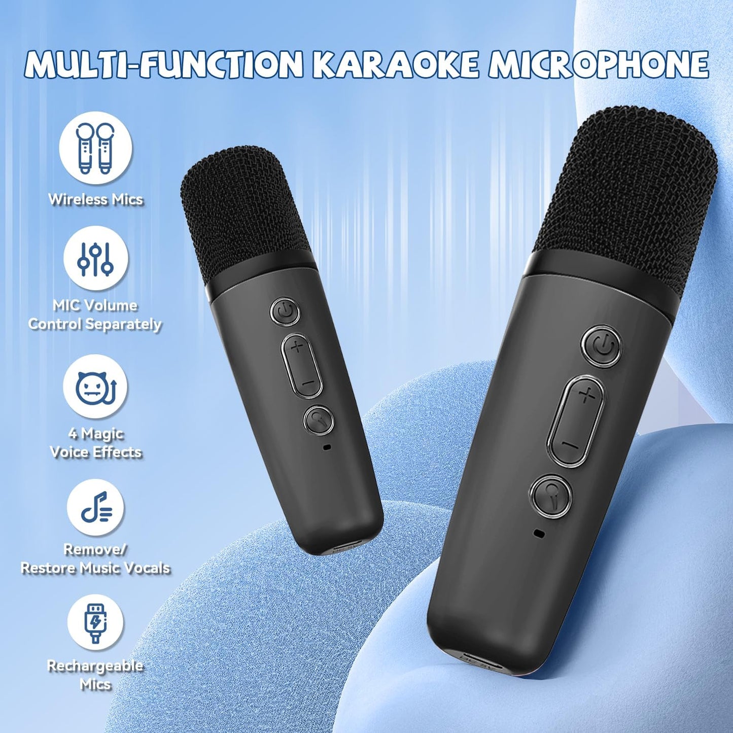 【2025 Newest】 Mini Karaoke Machine for Kids Girls & Boys - Portable Bluetooth Speaker with 2 Wireless Microphones - Kids Birthday Gifts for Ages 4-10 - Kids' Instrument Accessories - Black