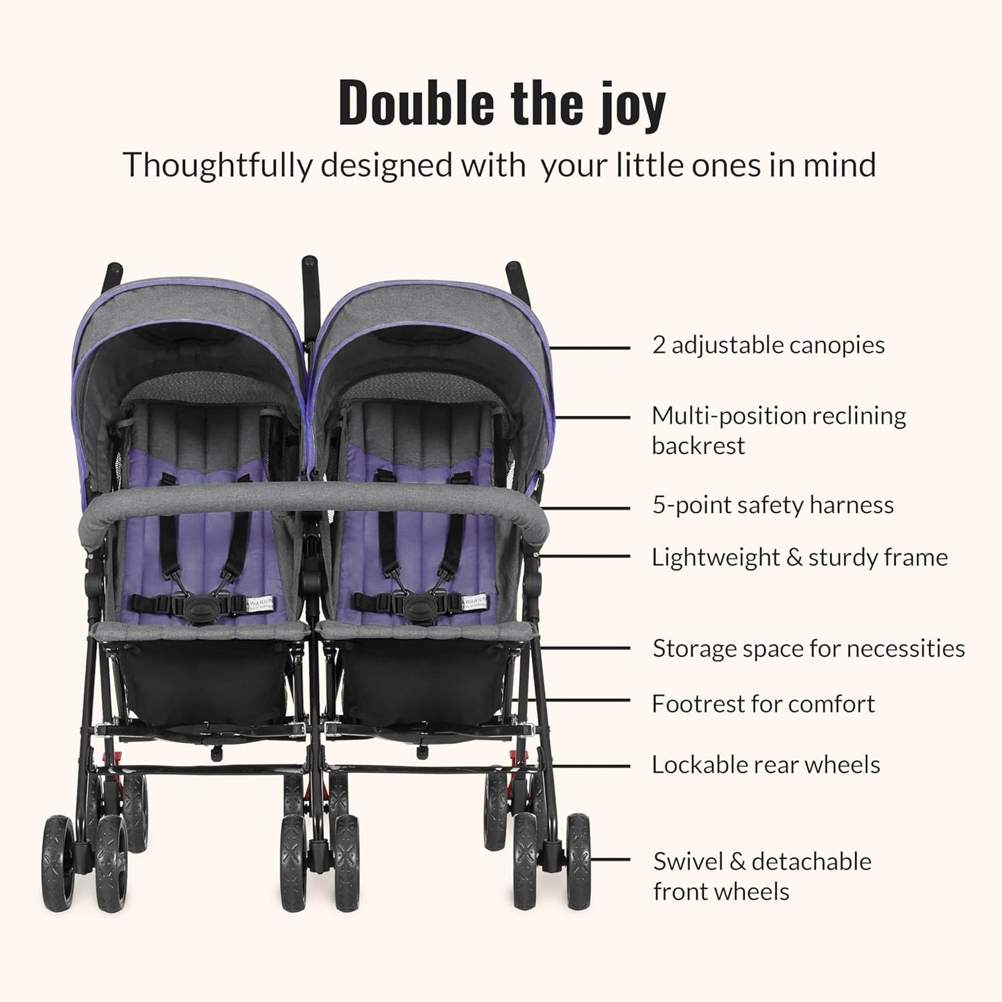 Dream On Me Volgo Twin Umbrella Stroller in Purple, Lightweight Double Stroller for Infant & Toddler, Compact Easy Fold, Large Storage Basket, Large and Adjustable Canopy