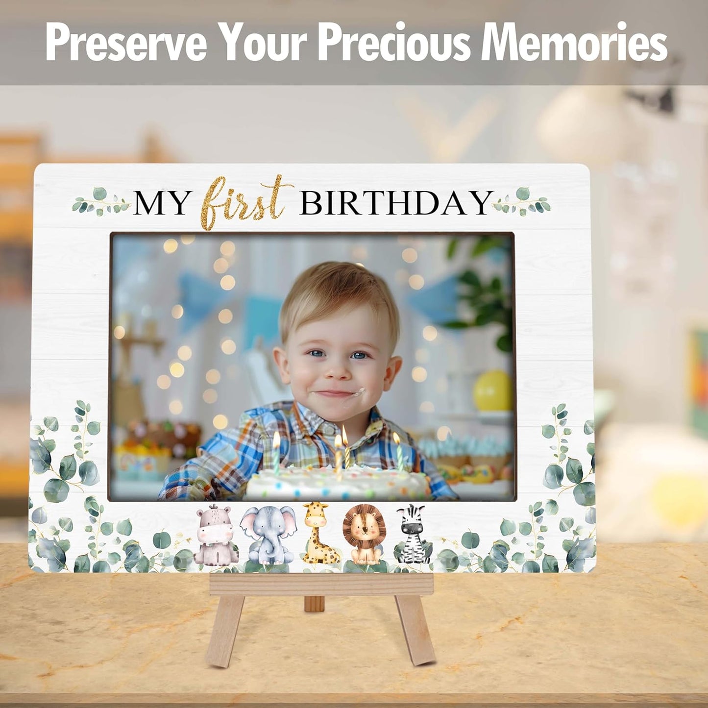 My 1st Birthday Picture Frames, Safari Animal Wooden 4x6 Photo Frame with Easel, Baby Wild One Birthday Gifts for Home Office Tabletop Display Decorations - G03